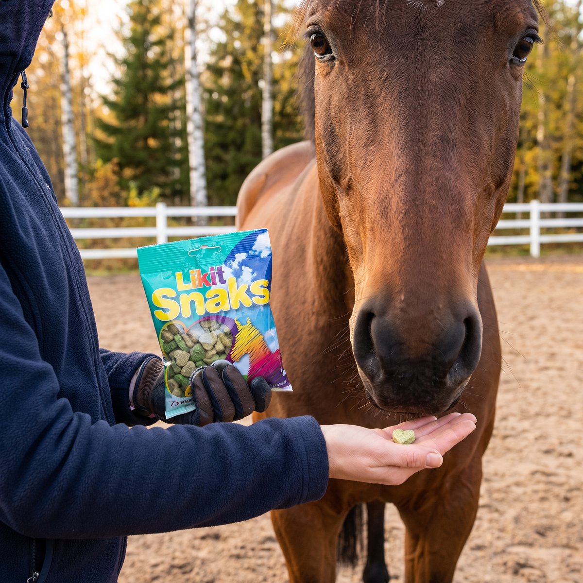 Ryttare håller en påse Likit Snaks Mint & Eucalyptus och ger en brun häst en liten hjärtformad godisbit på handflatan i en ridbana med vitt staket och björkar