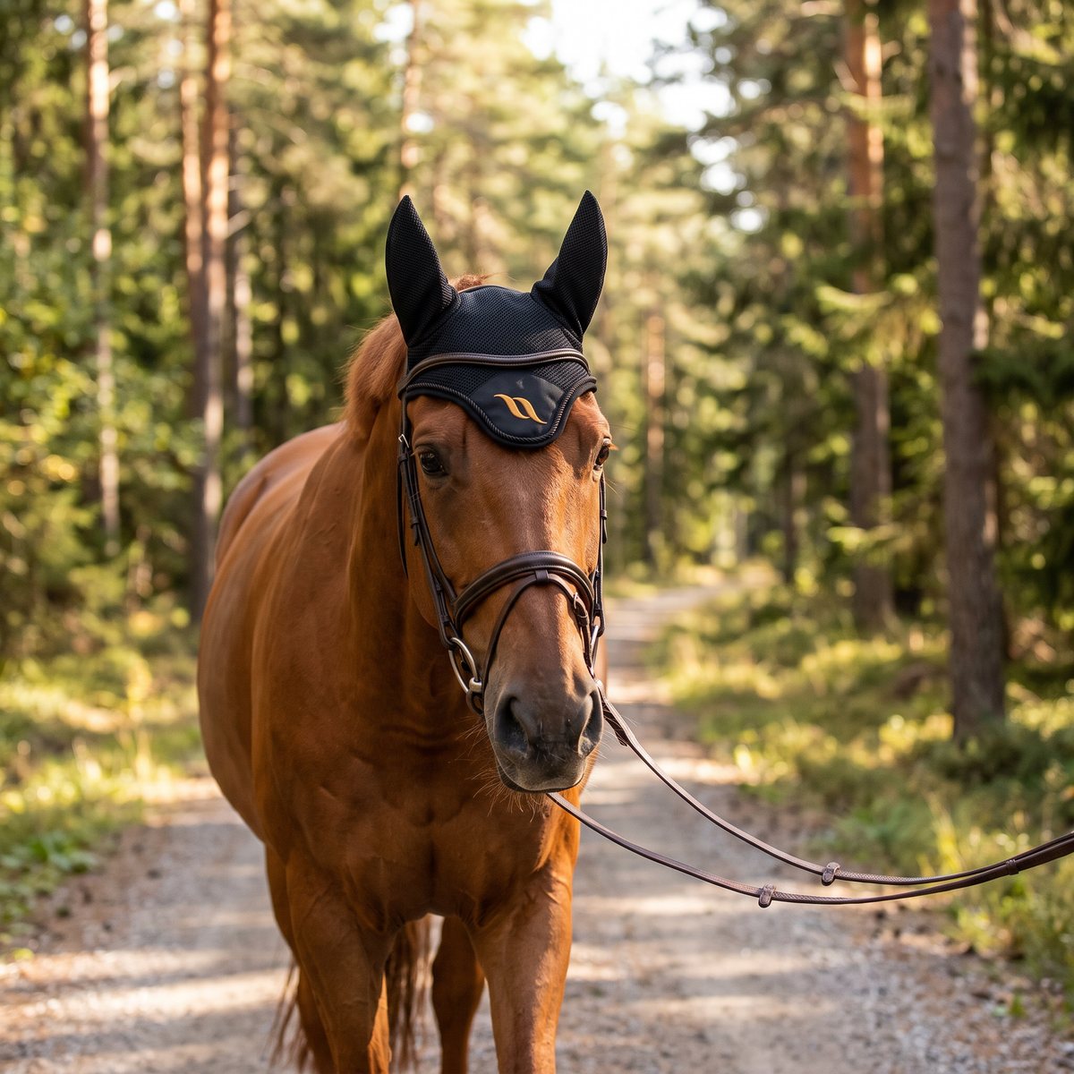 Svart flughuva i 3D-mesh med guldfärgad brodyr på en fux under ridning på en svensk skogsväg bland tallar och granar