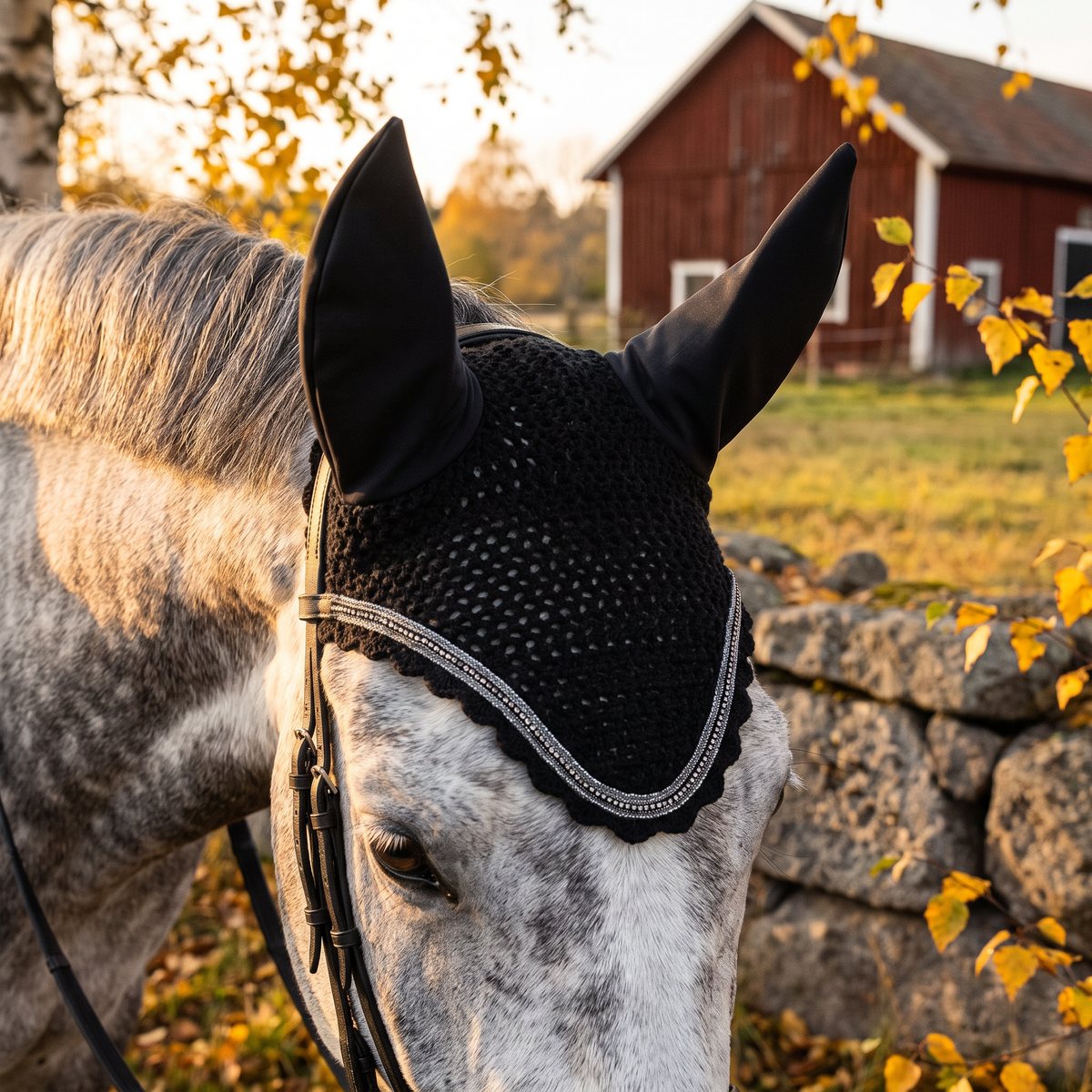 Svart virkad flughuva med silverfärgad strasskant på en grå häst på en svensk höstäng med björklöv och stenmur