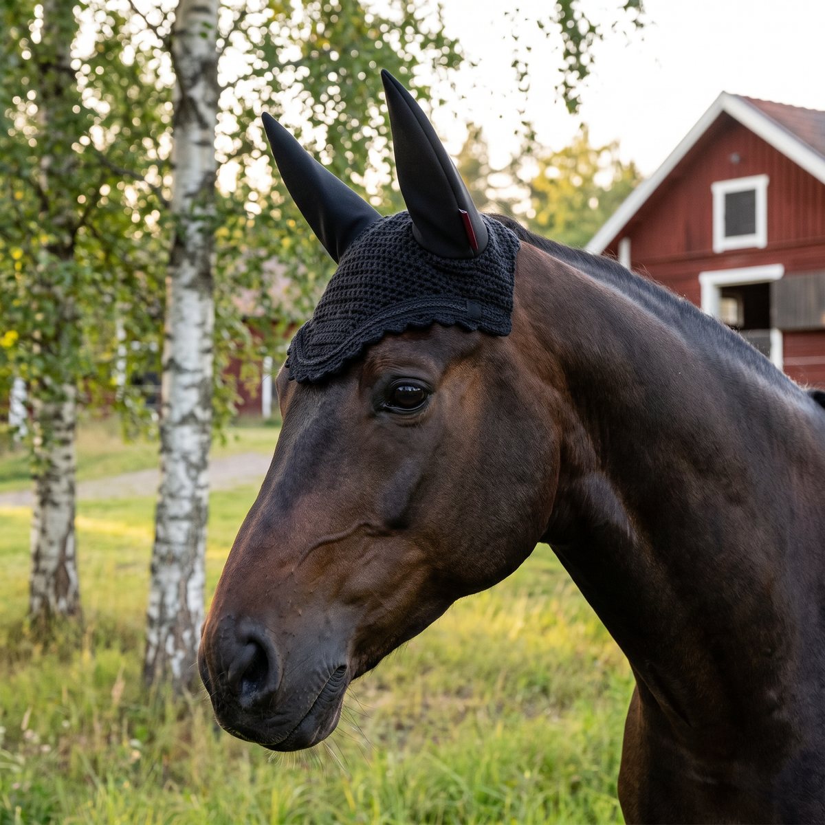 Svart virkad flughuva med spetsiga svarta öron på en brun häst i en svensk sommarhage med rött stall och björkar