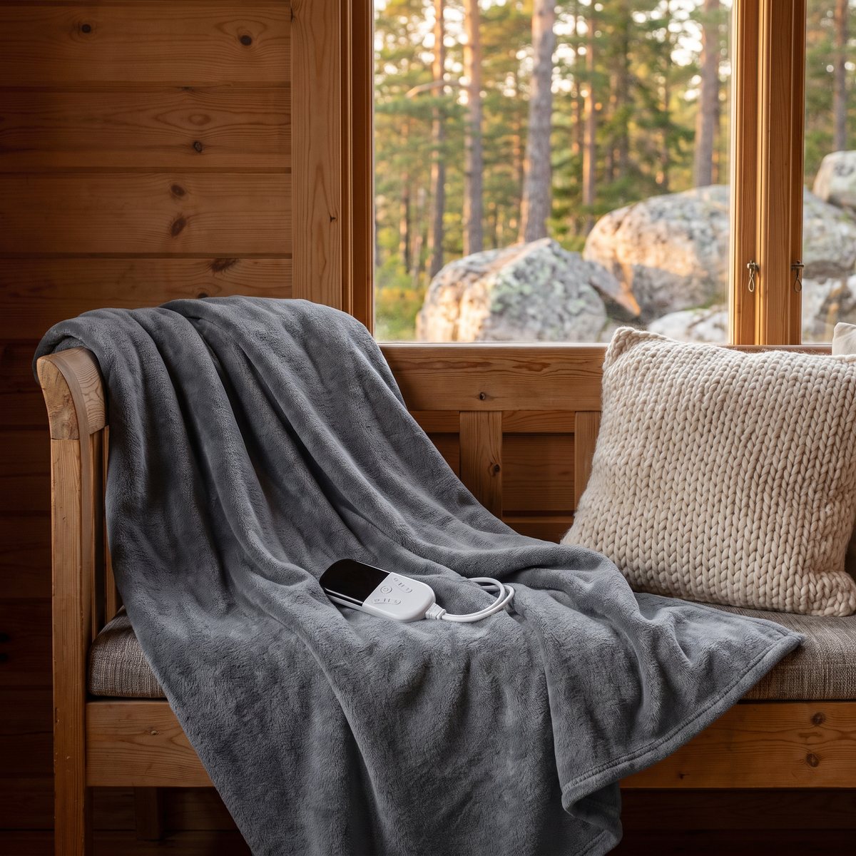 Grå värmefilt över en bänk i en svensk stuga med furupanel och utsikt mot tallskog och granitberg