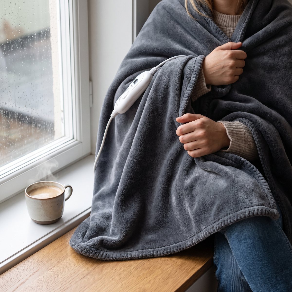 Mörkgrå värmefilt lindad runt axlar och knän i en fönsternisch i en svensk lägenhet en regnig höstdag