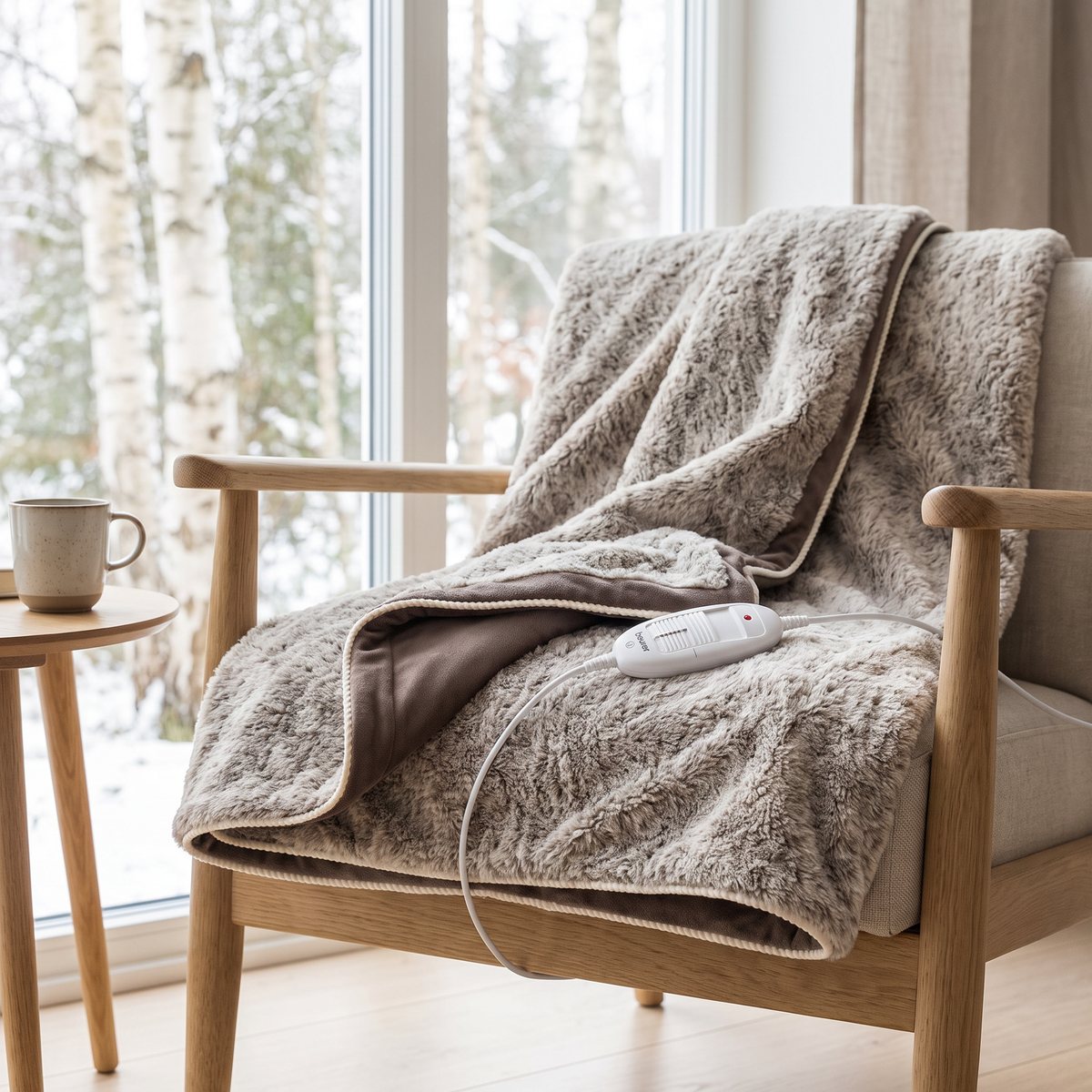 Beurer värmefilt i beige fuskpäls över en fåtölj vid ett fönster med björkar i ett svenskt hem