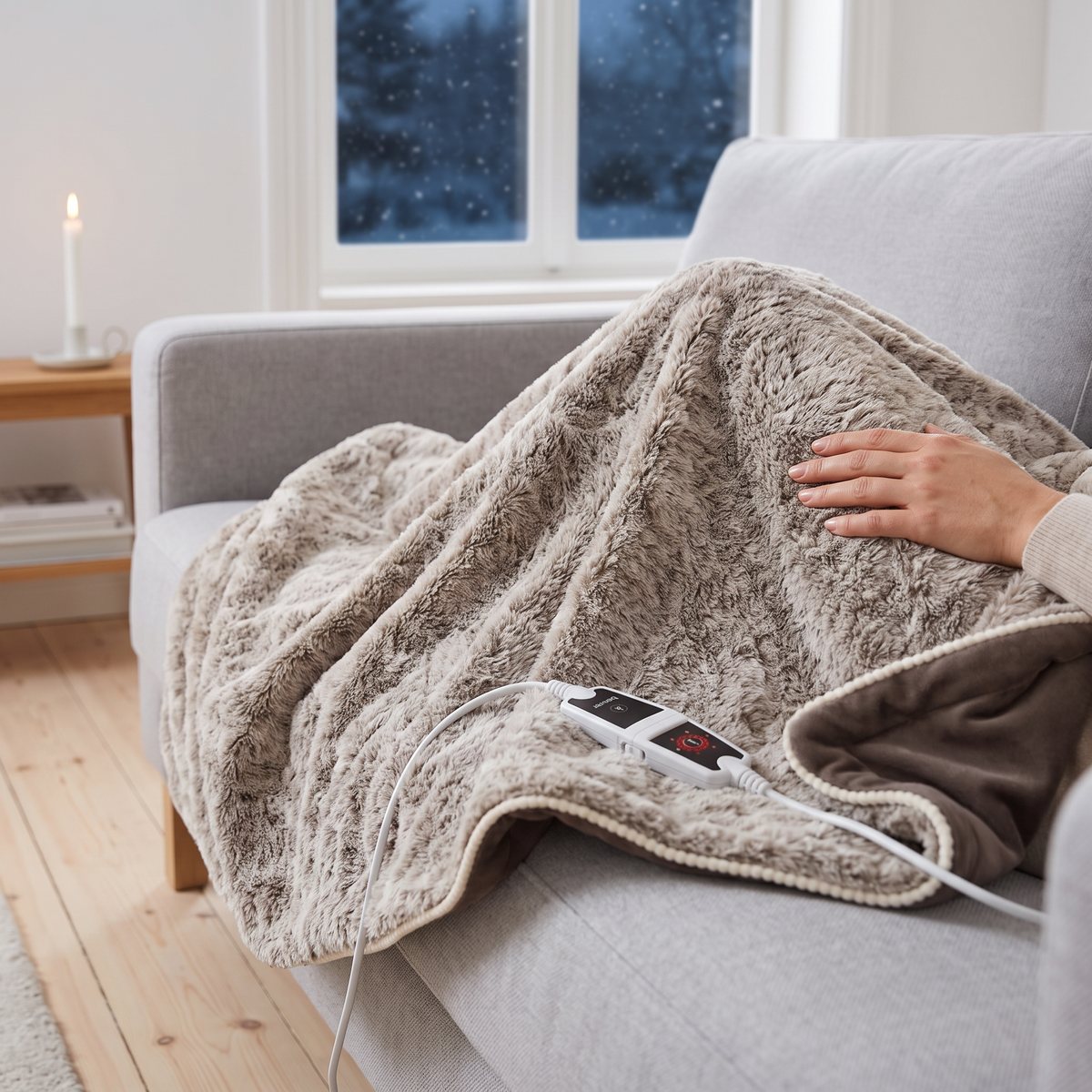 Beurer värmefilt i mjuk beige fuskpäls över knäna i en soffa i ett svenskt vardagsrum en vinterkväll