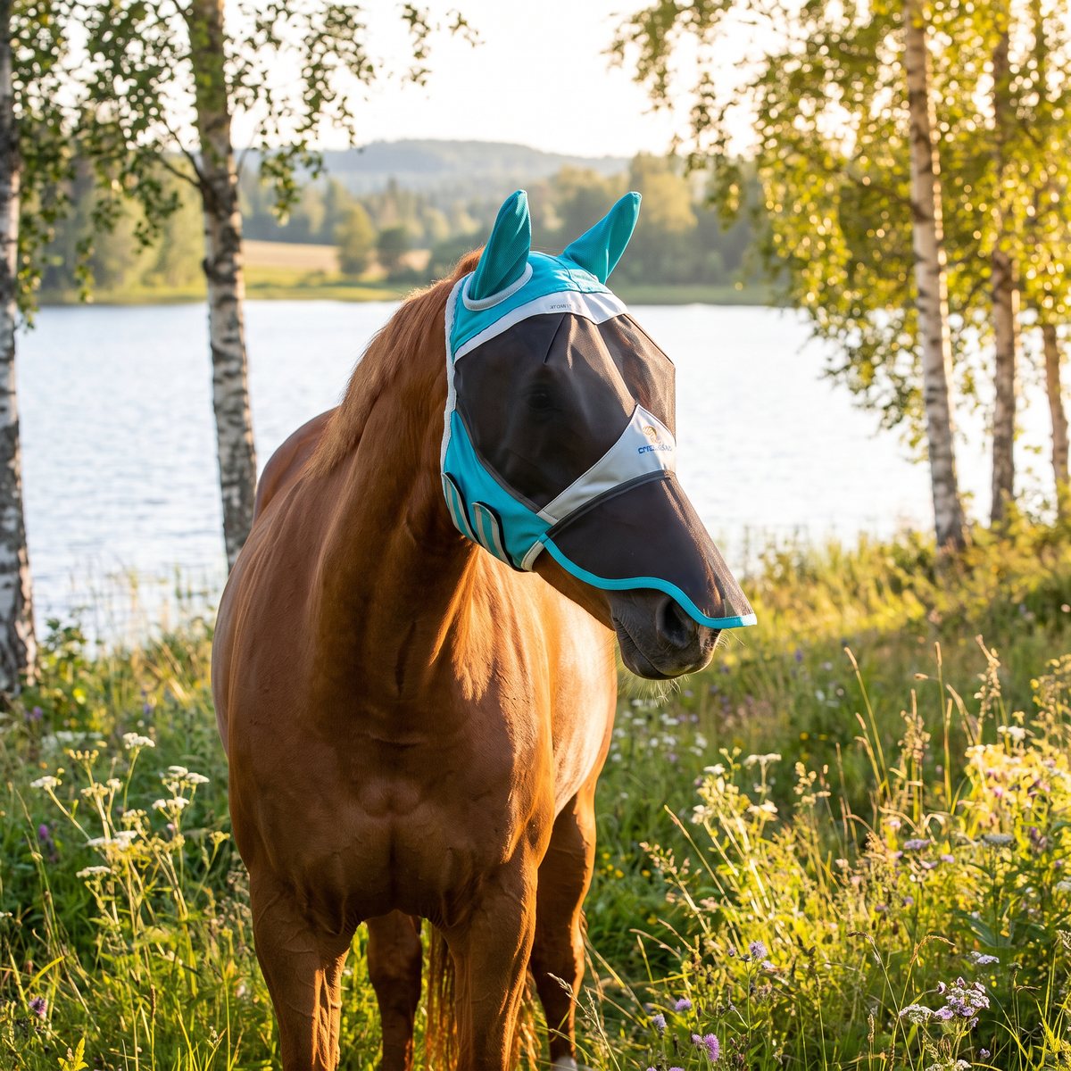 Turkos flughuva med öron och nos på en fuxhäst vid en svensk sjö med björkar