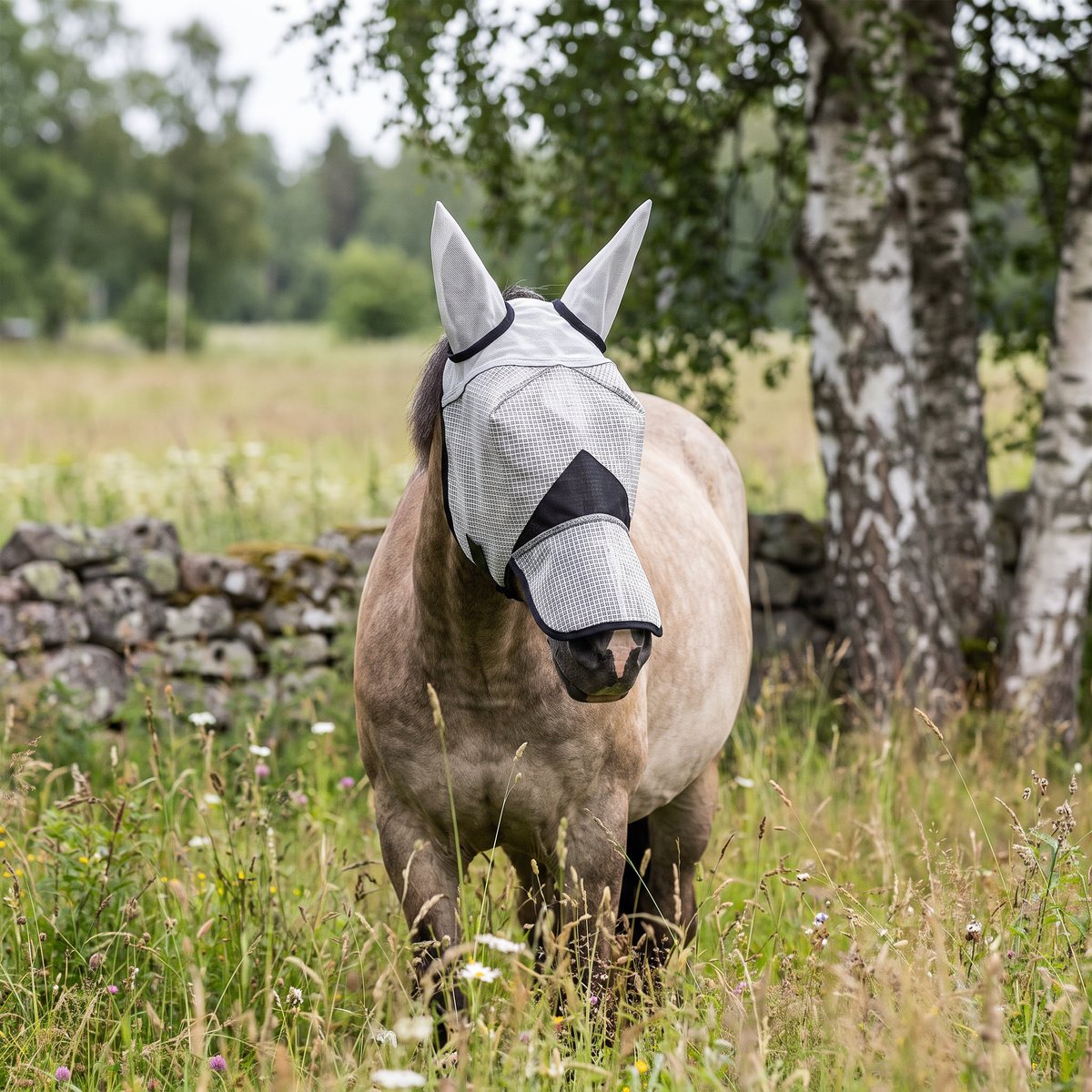 Ljus flughuva med öron och nos på en kraftig häst i en svensk hage med stenmur och björkar