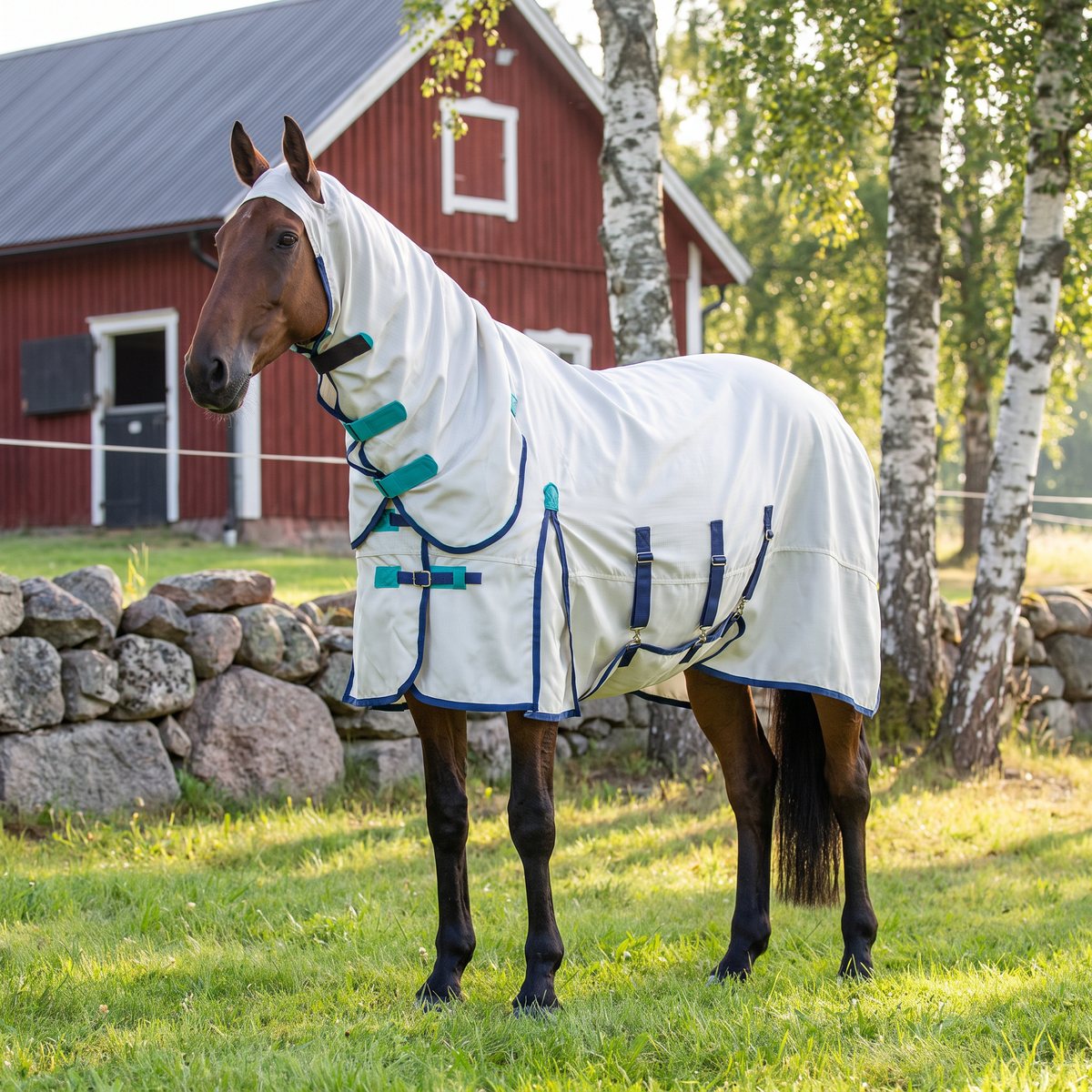 Shires Highlander Plus flugtäcke med halstäcke på en brun häst i en svensk hage framför rött stall och björkar