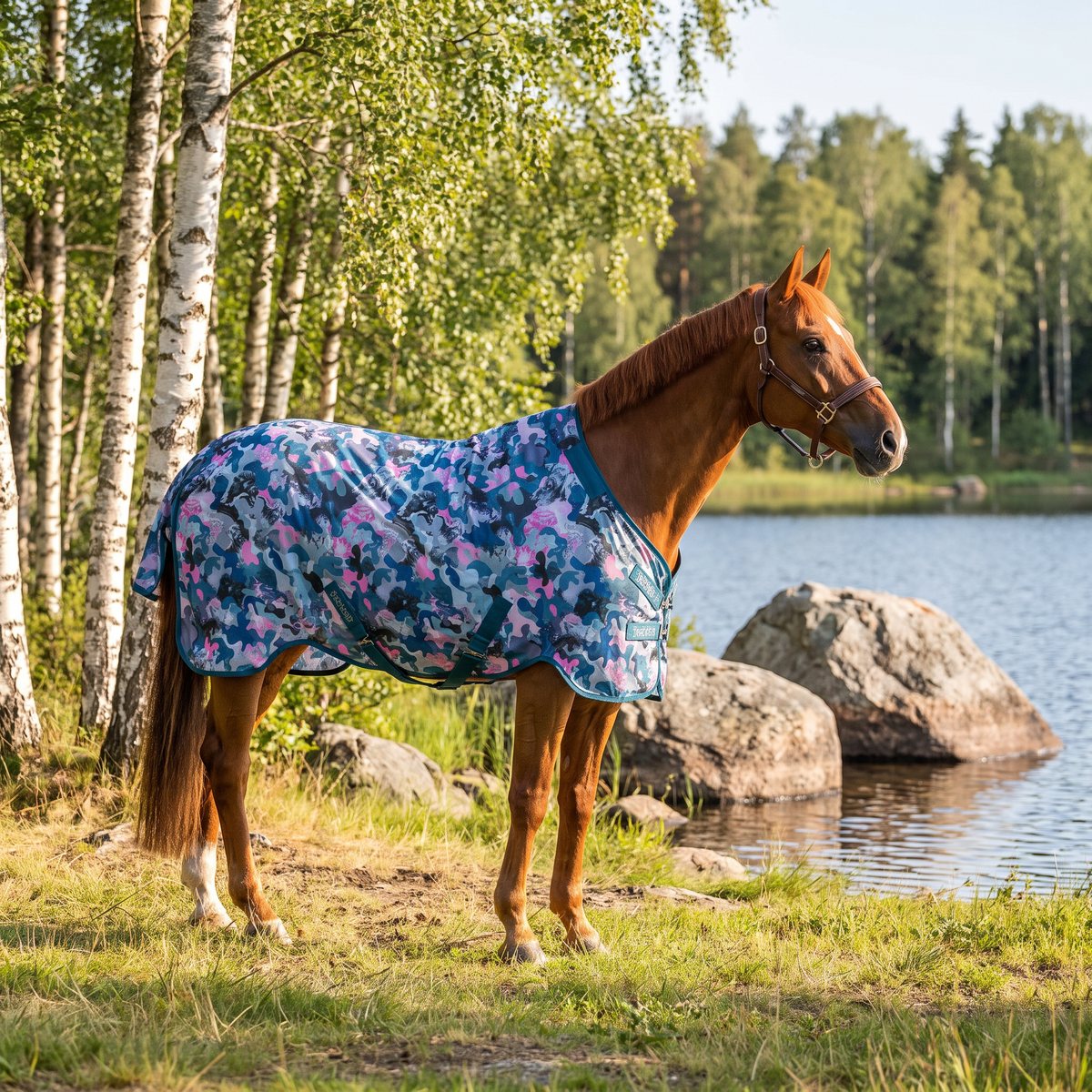 Soulhorse Flybuster Crazy Connection flugtäcke med kamouflagemönster på en fux vid en svensk sjöstrand med björkar