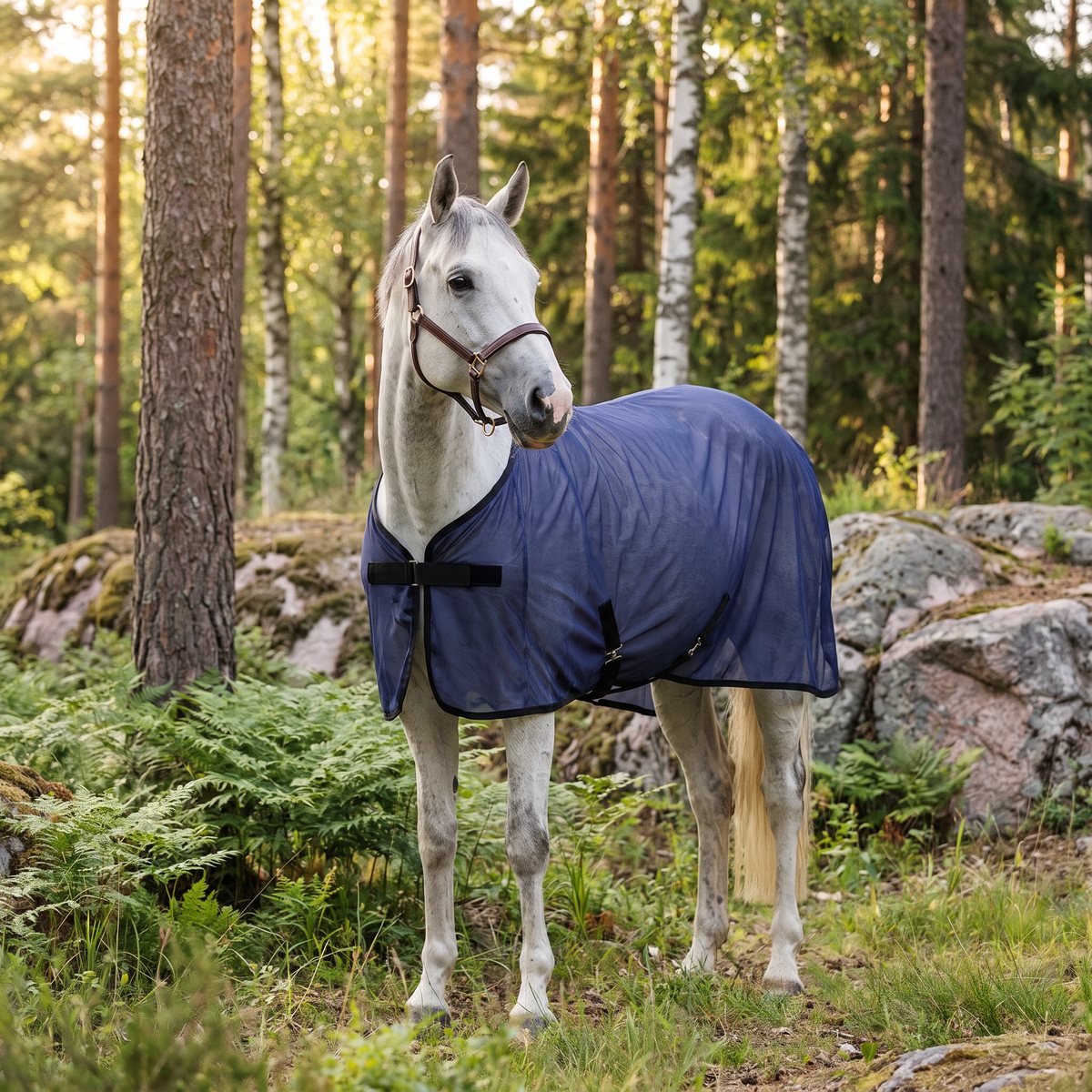 Stallone Easy Summer flugtäcke i marinblått nät på en grå häst i en svensk tallskog bland ormbunkar och granit