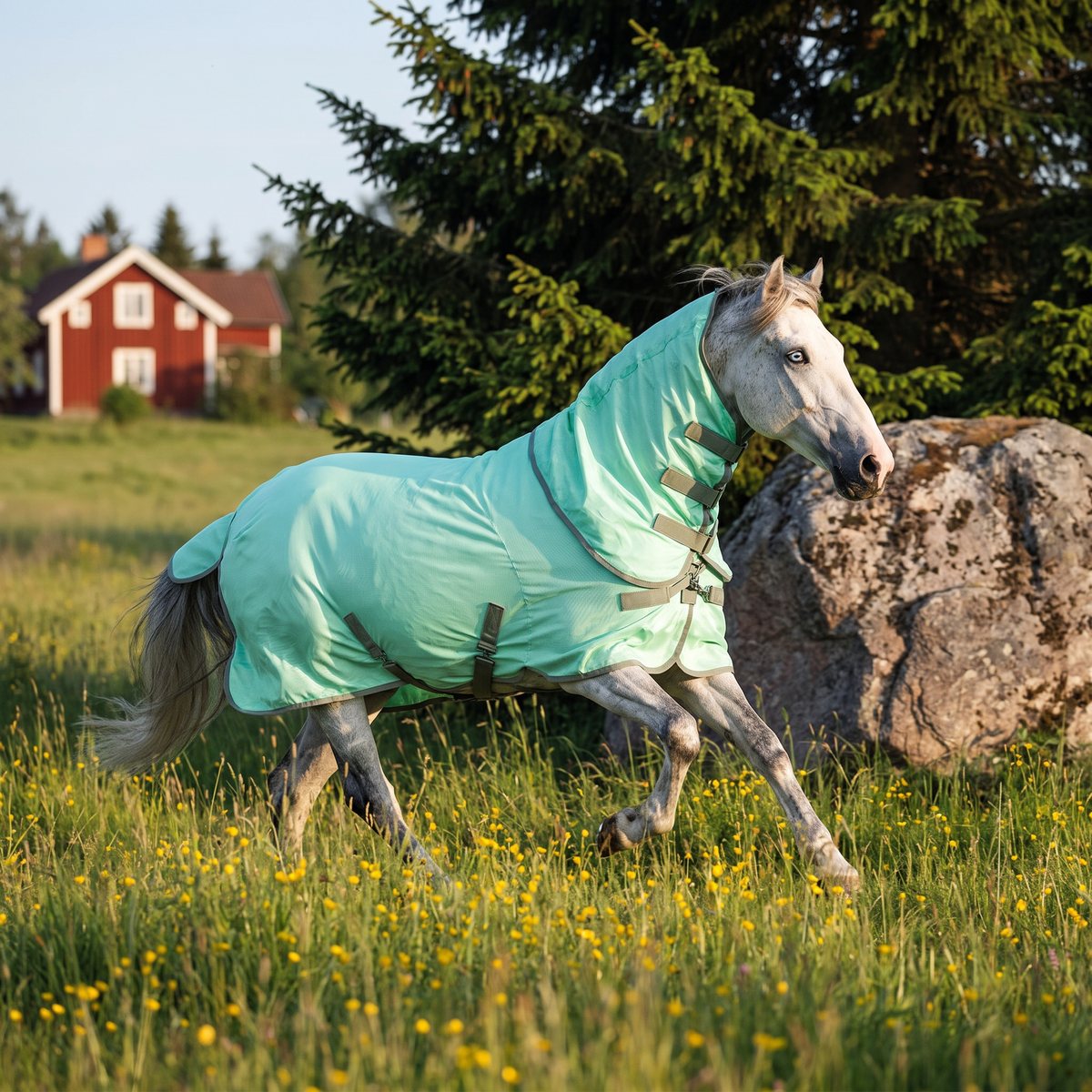 Stallone Flybuster flugtäcke i mintgrönt med halsdel på en grå häst som travar i en svensk äng med smörblommor