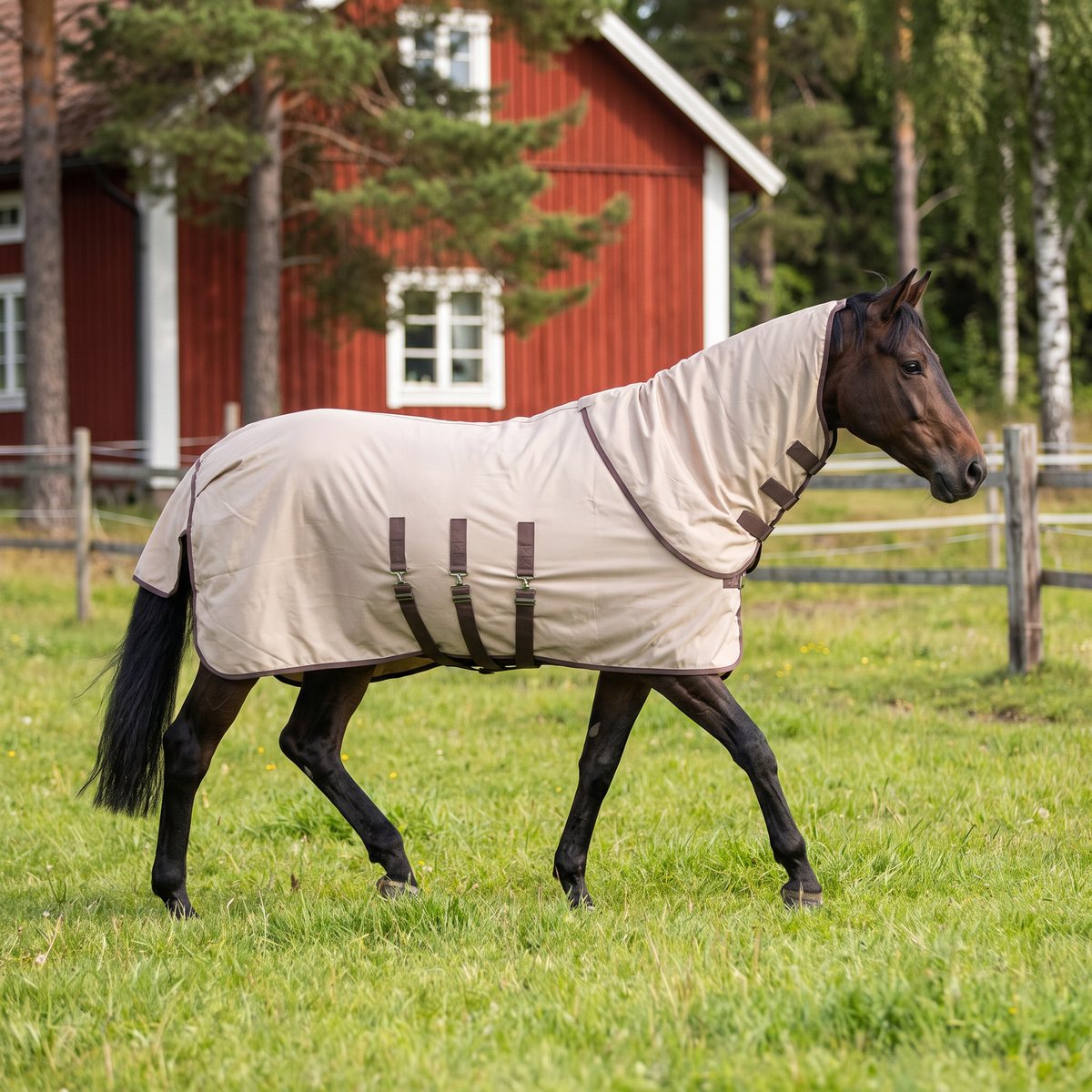 Stallone Summer Guard flug- och eksemtäcke med halsdel på en häst som går i en svensk betesmark vid en röd stuga