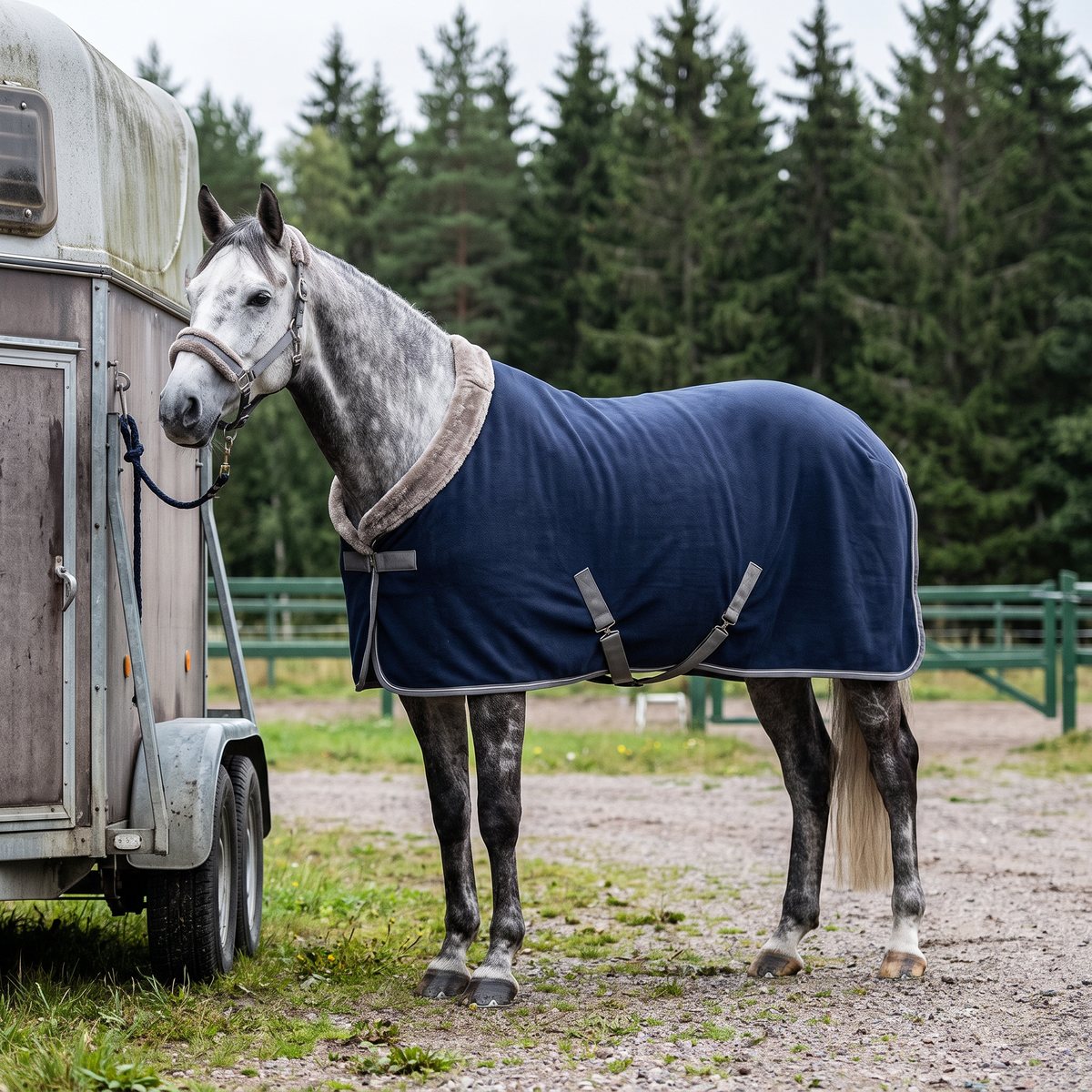 Marinblått fleecetäcke med teddyfleecekrage på en gråskimmel vid en hästtrailer på en svensk tävlingsplats