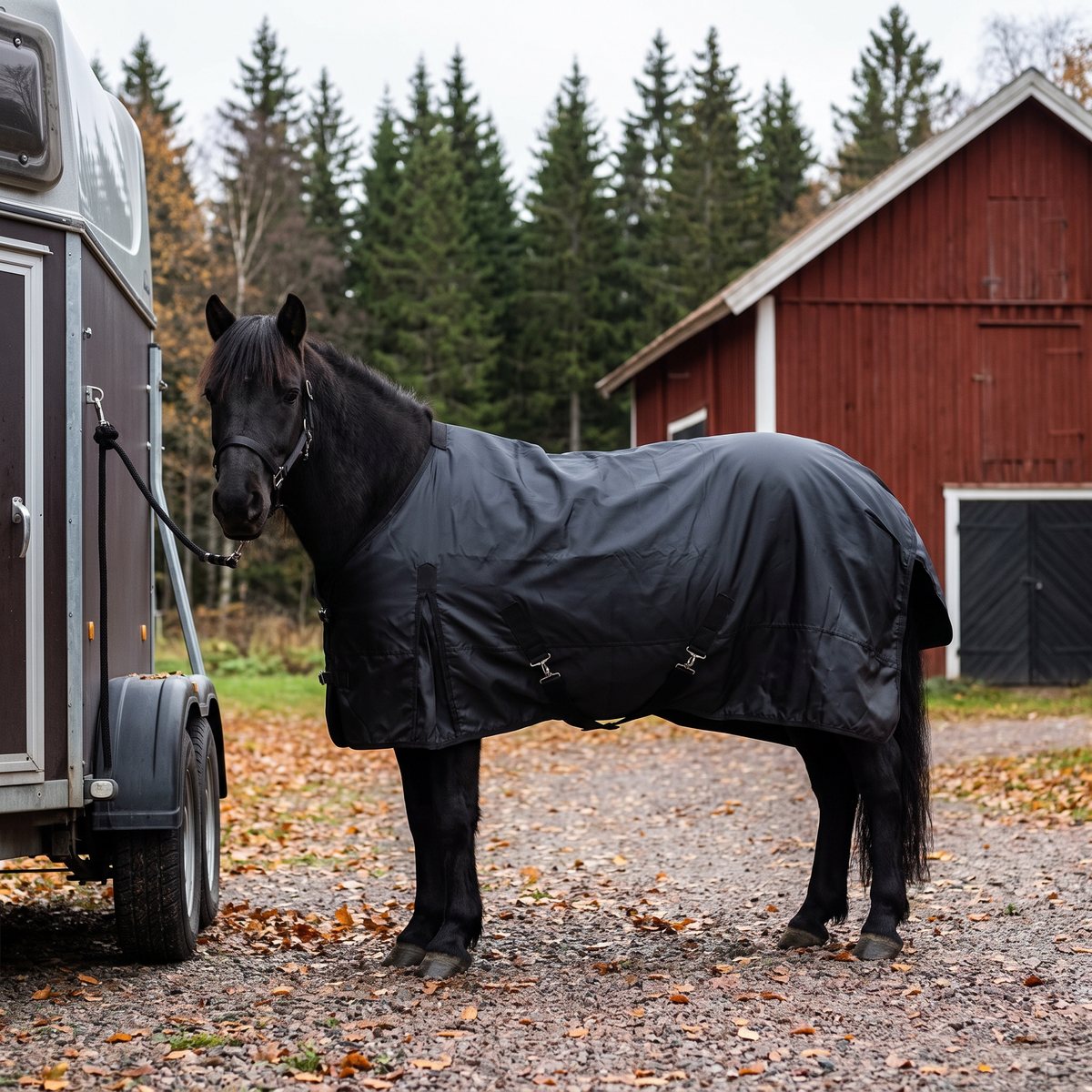 Svart hästtäcke med metallfästen på en mörk häst vid en hästtrailer på en svensk gård med rött lider