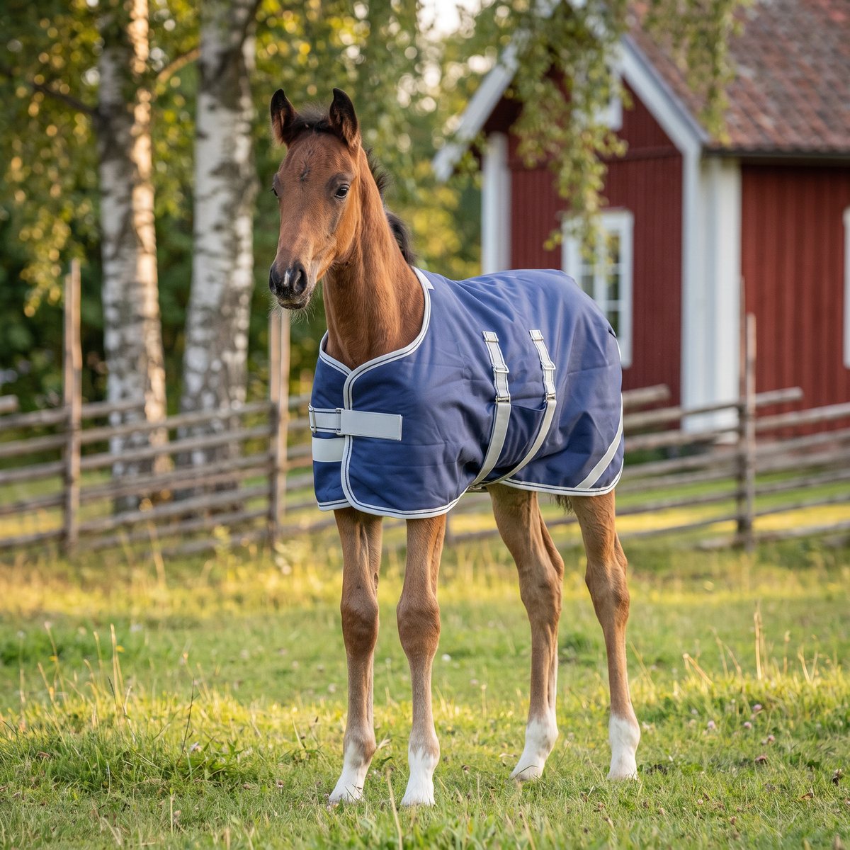 Blått föl-utetäcke med ljusgrå kantband på ett föl i en svensk sommarhage med trästaket och rött hus