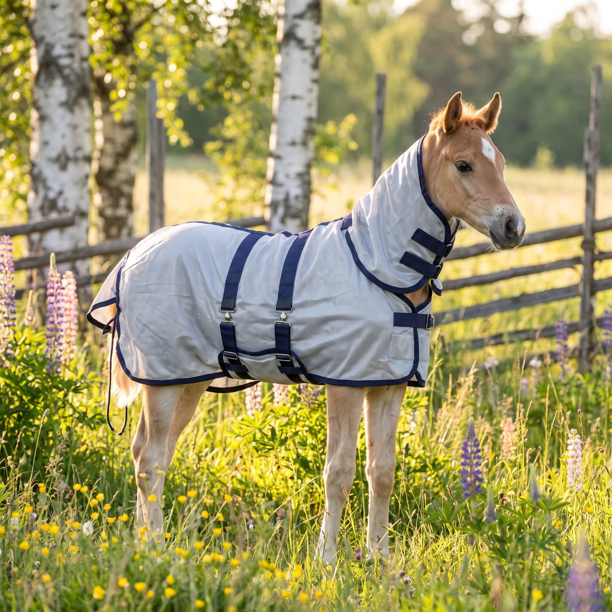 Ljusgrått flugtäcke i nät på ett föl i en svensk sommaräng med lupiner och björkar