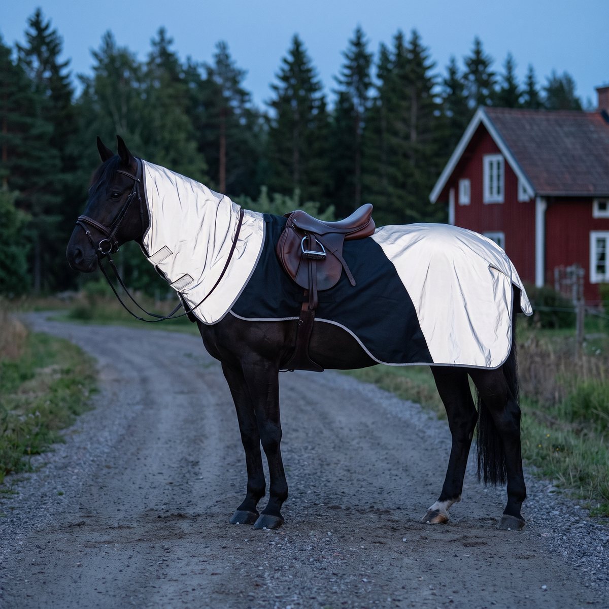 Svart reflexridtäcke med reflexbrösta på en häst på en grusväg i svensk skymning