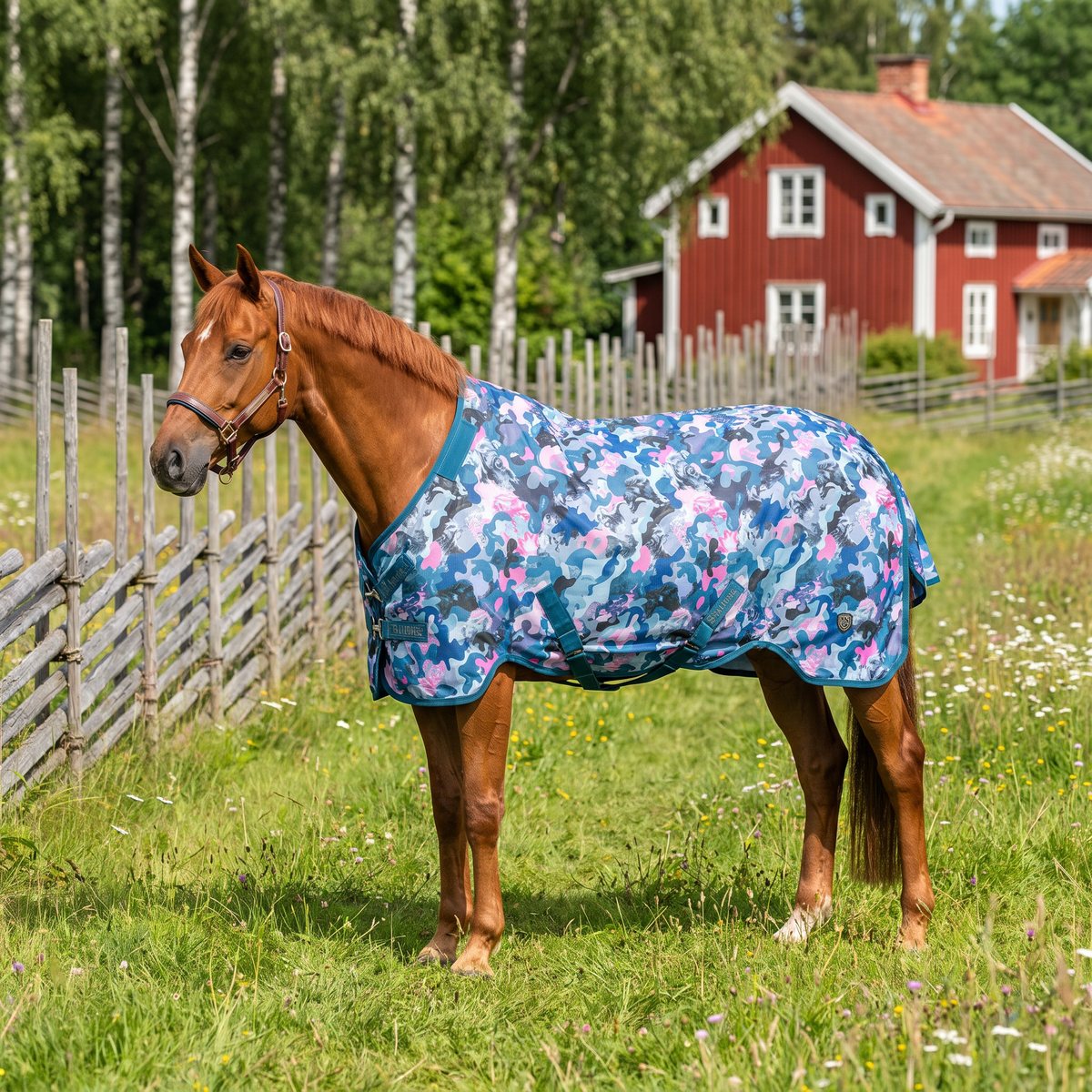 Mönstrat flugtäcke i blått, turkost och rosa på en fux i en svensk hage