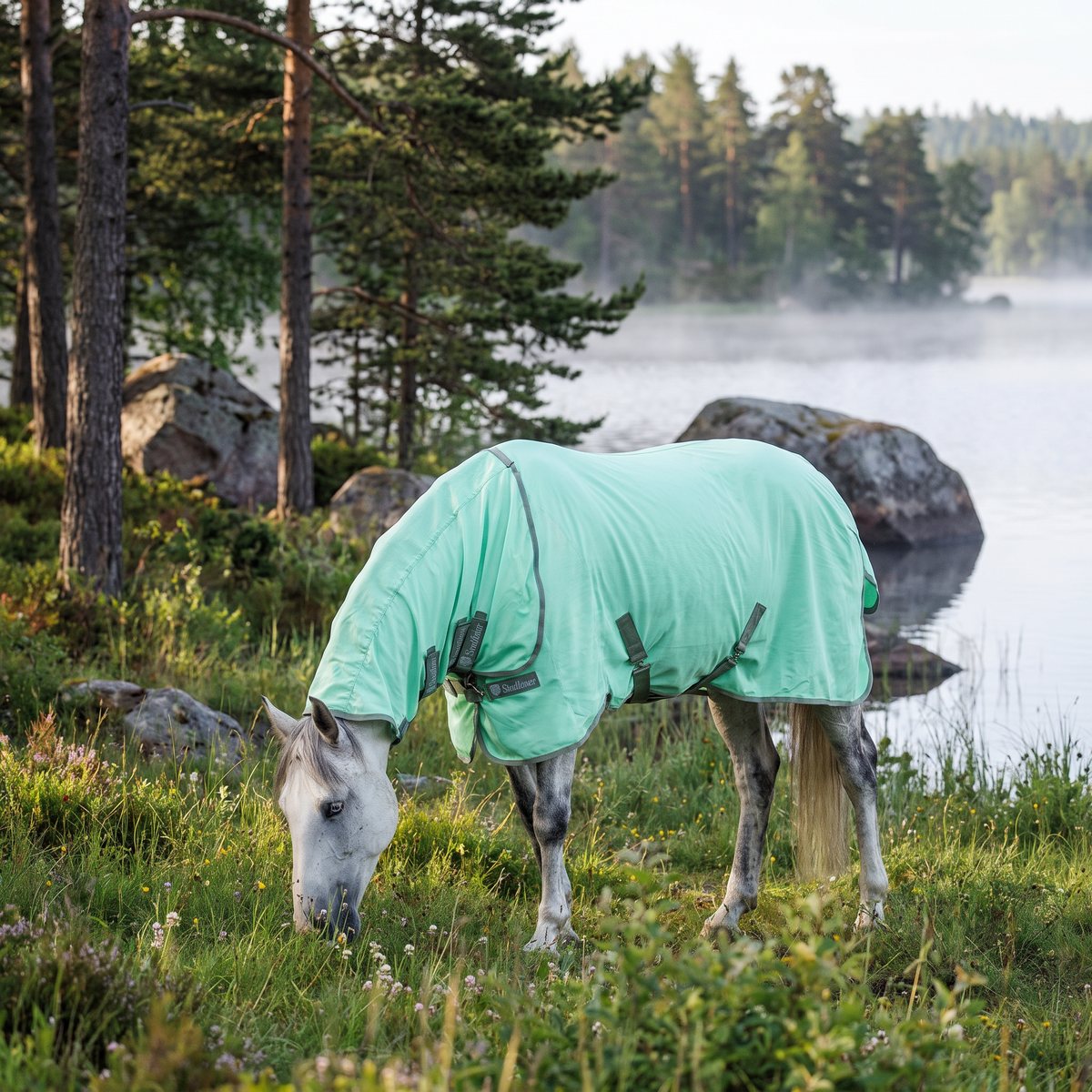 Mintgrönt flugtäcke med halsdel på en grå häst som betar vid en svensk sjö
