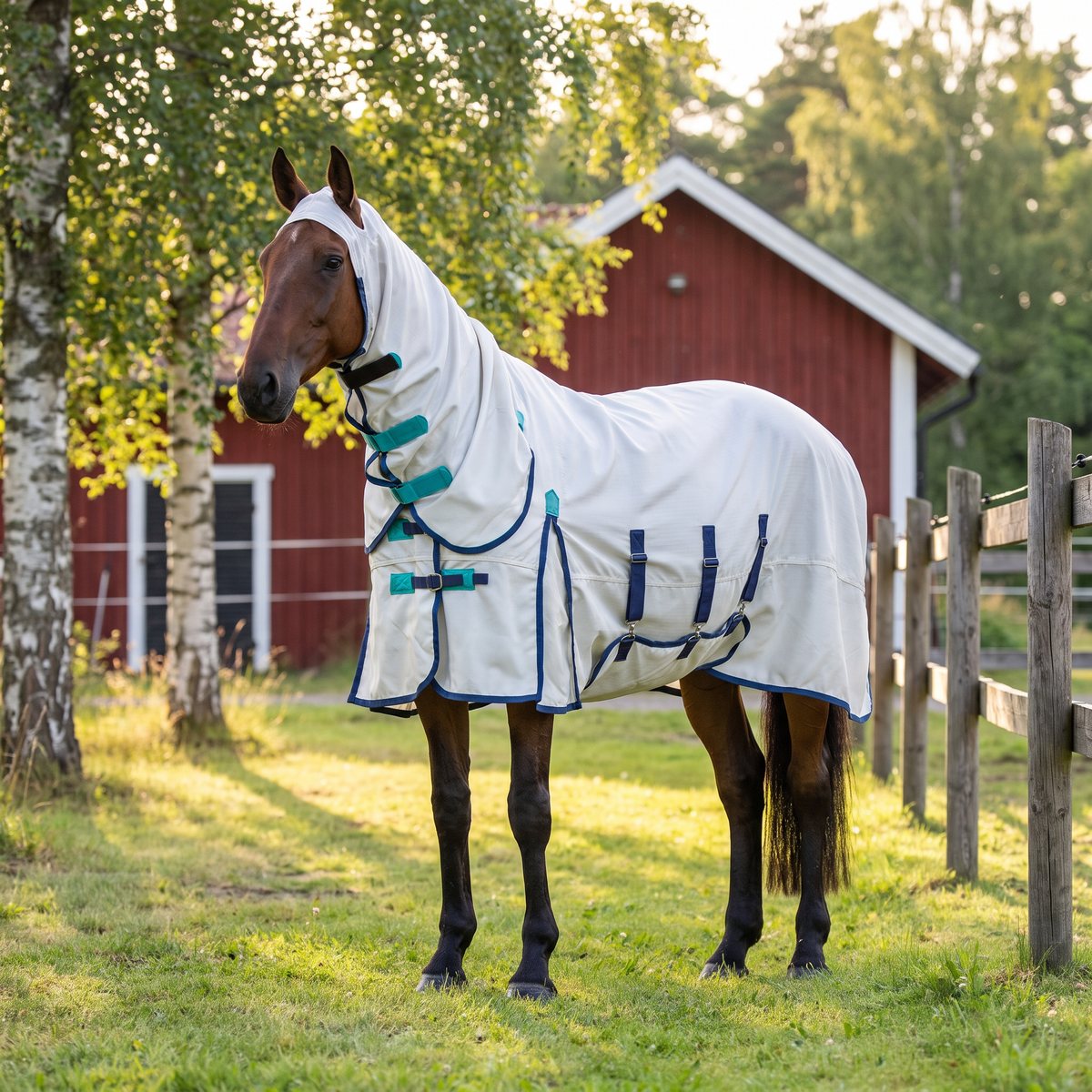 Vit eksem- och flugtäcke med halsdel på en brun häst i svensk sommarhage