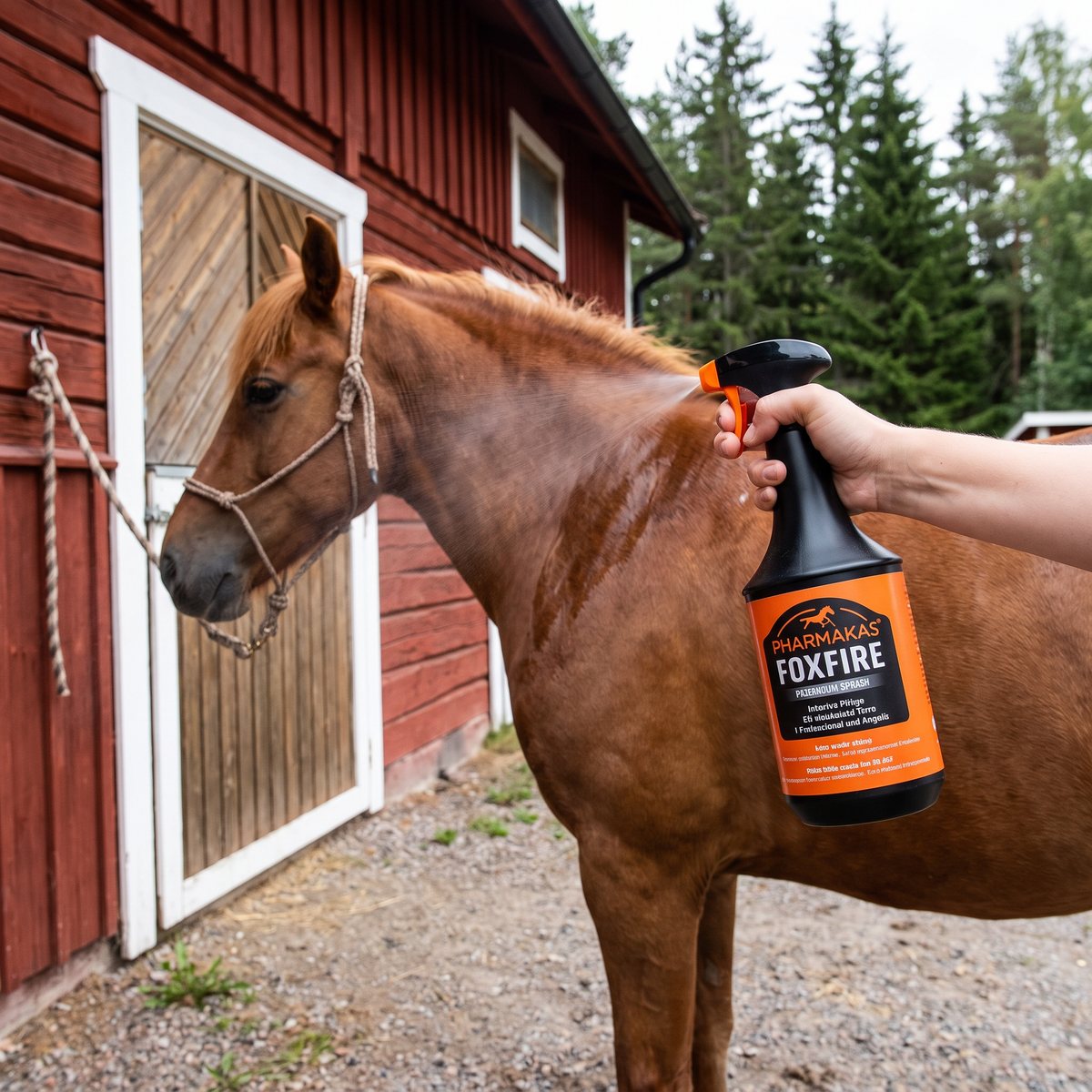 Foxfire-litersflaskan sprayas på en ponny utanför en röd svensk stall