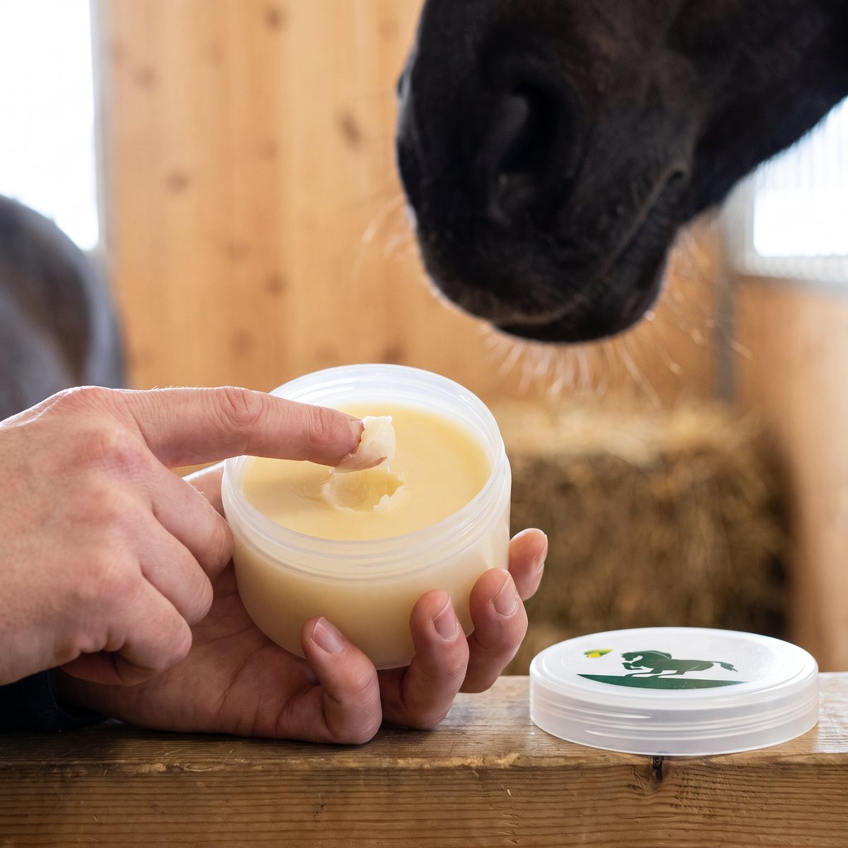 Öppen burk med Dermoscent Bio Balm i en hand i ett svenskt stall med ljusa träväggar och höbal