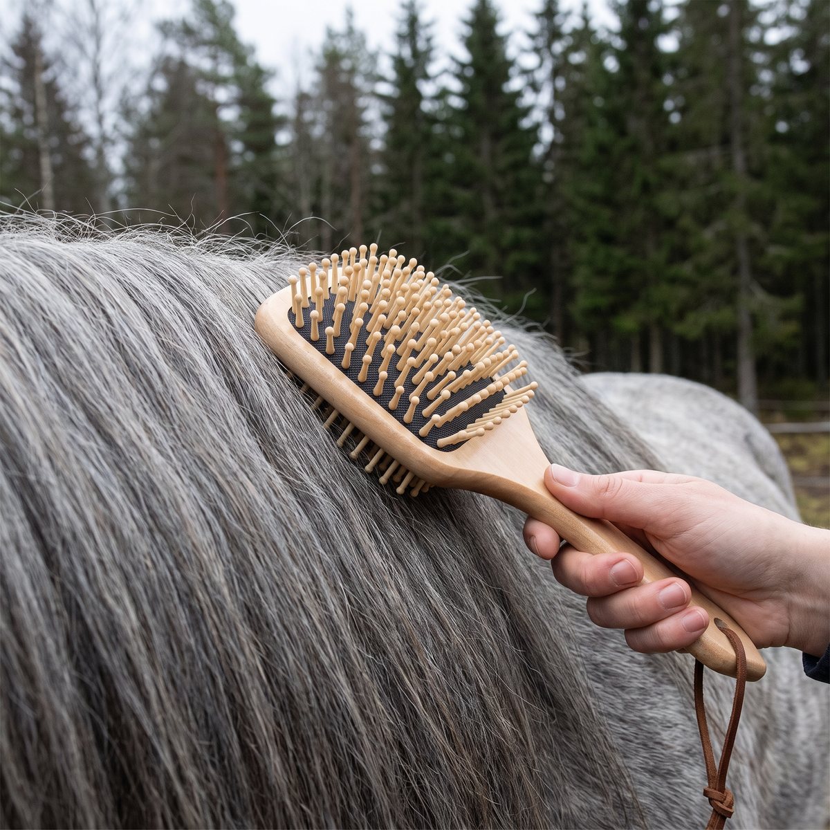 Hansbo Sport Borstiq-borste i trä som kammar manen på en grå häst i en svensk hage