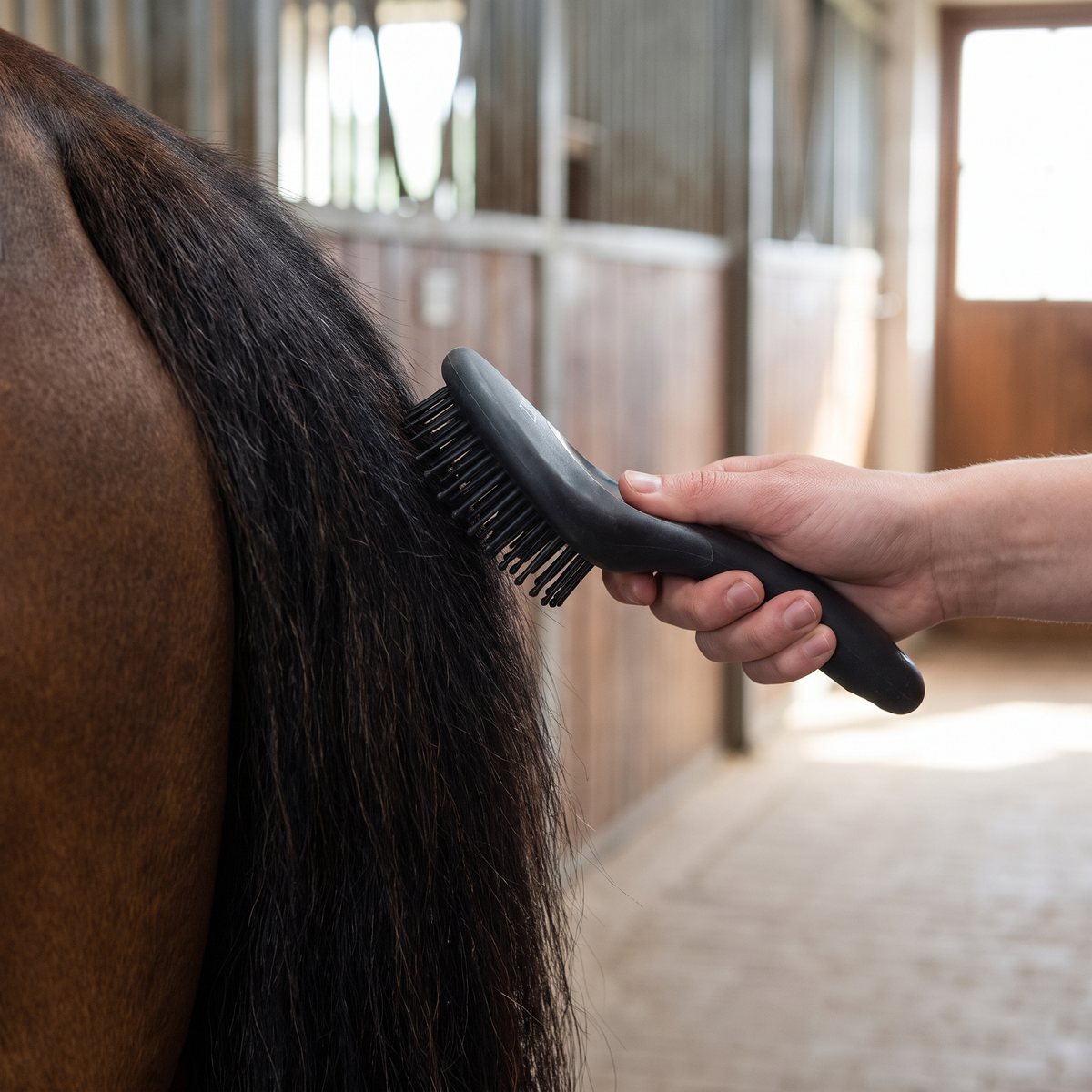 Shires man- och svansborste som borstar en hästsvans i en svensk stallgång