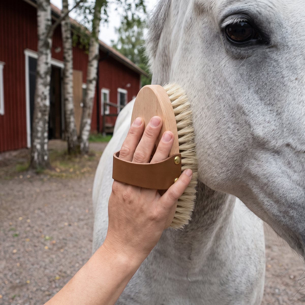 Ryktborste i bokträ med brun läderrem och ljusa tagelborst som används på en grå häst vid ett rött stall på landsbygden