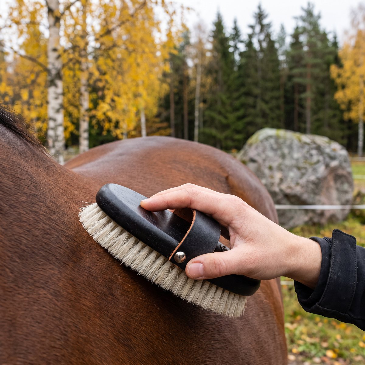 Svartlackerad ryktborste med läderrem och ljusa gethårsborst som masserar en brun häst i en svensk hage på hösten