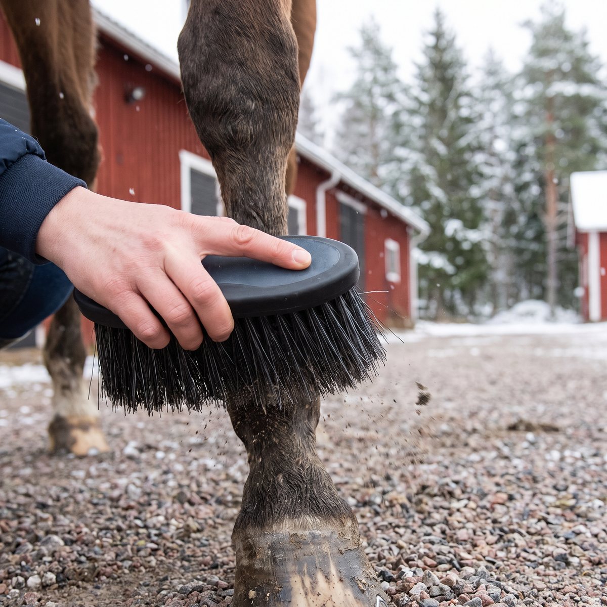 Svart rotviska med långa borst som borstar smuts från en hästs ben på en grusgård vid ett rött stall