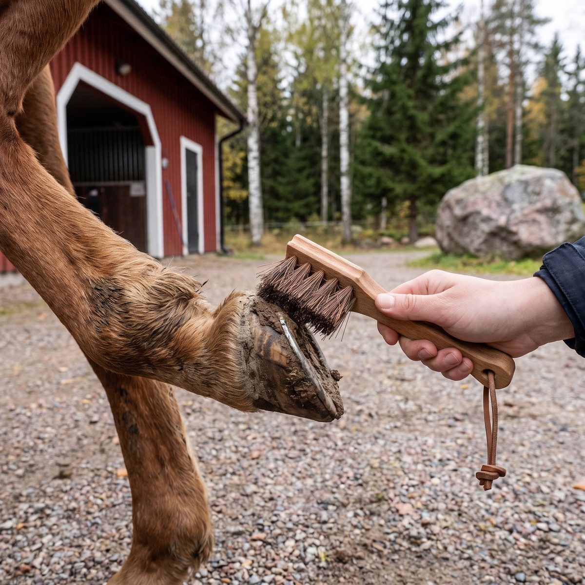Hovkrats med träskaft och bassineborste som borstar lera av en hov utanför ett rött svenskt stall
