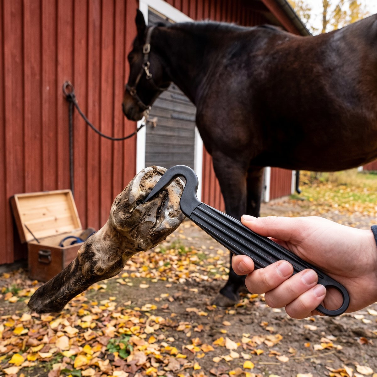 Svart räfflad hovkrats som rensar en hov på en svensk gård på hösten