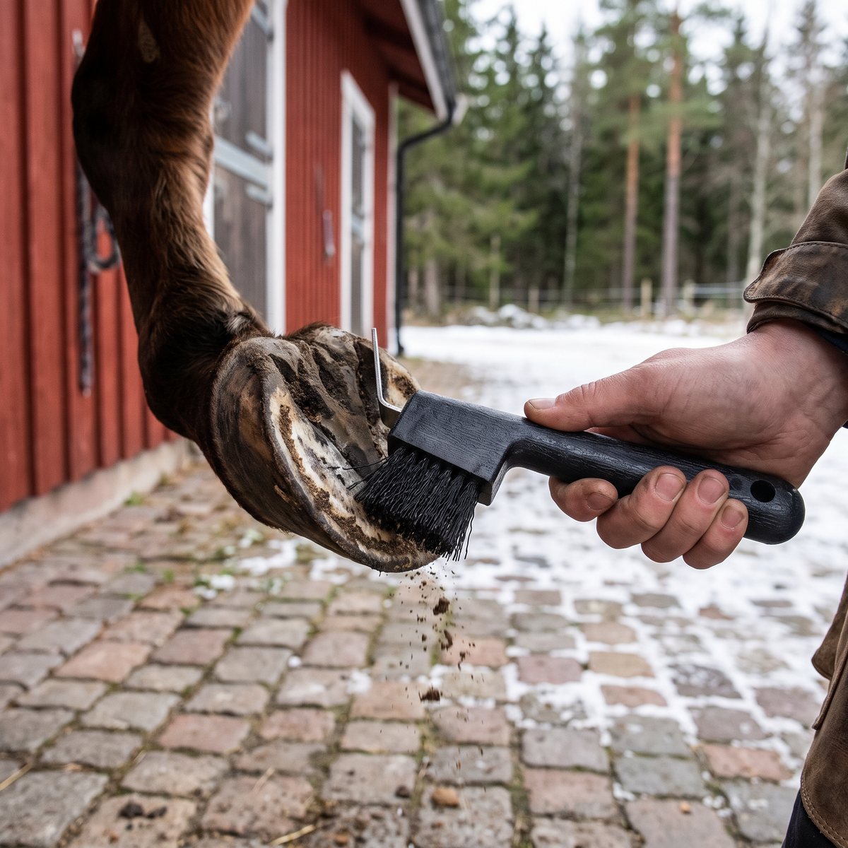 Svart hovkrats med borste som rensar en hov på en stallgård med kullersten och snö