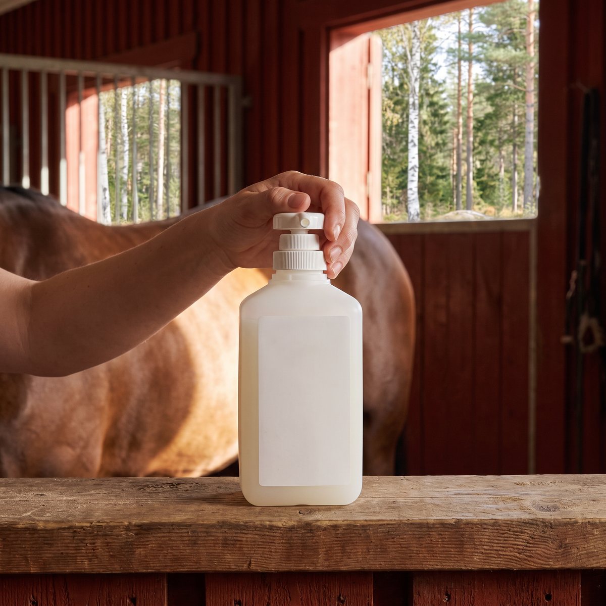 Flaska med pump av Fair Horse Care hästschampo på en träbänk i ett svenskt rött stall med häst i bakgrunden