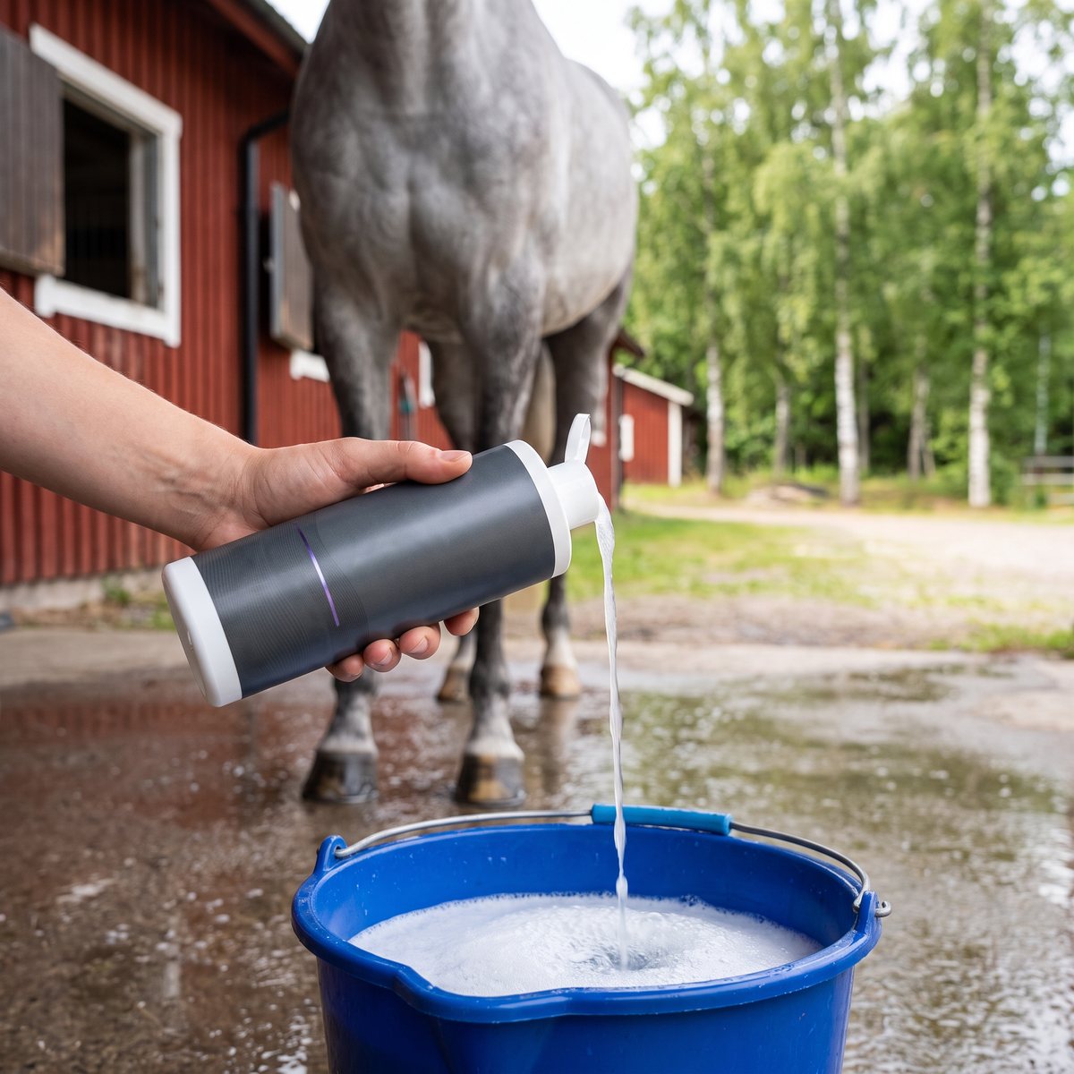 Statera Clean n' Care hästschampo hälls i en blå hink bredvid en grå häst på en svensk stallbacke med björkar