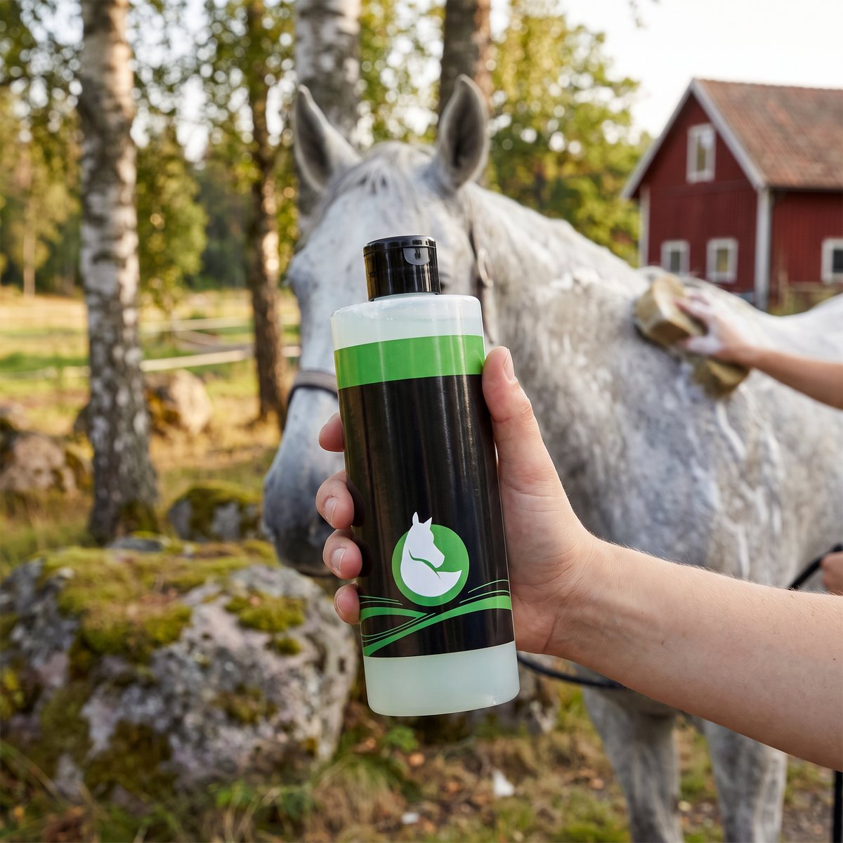 Trikem Grey & White hästschampo hålls upp vid en gråskimmel som tvättas med svamp utomhus i svensk sommarnatur