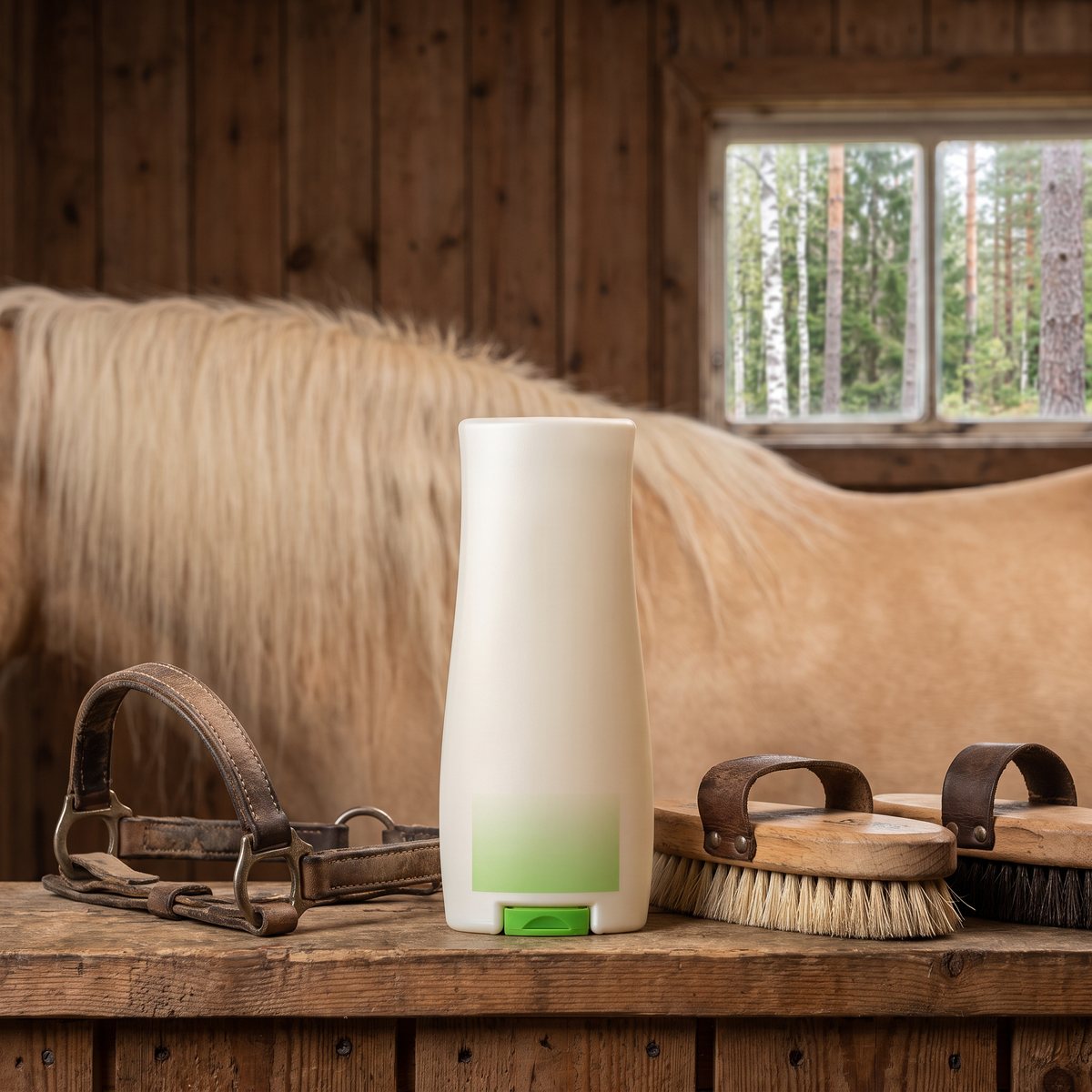 Balsamflaska med aloe vera på en hylla i ett svenskt sadelrum med grimma och borstar
