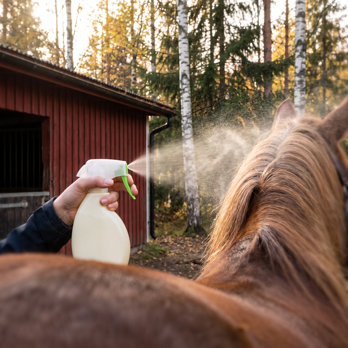 Spraybalsam sprayas på en hästs man i en svensk hage med björk och gran