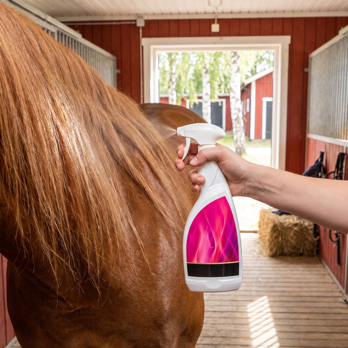 Balsamspray för man och svans sprayas på en rödbrun hästs man i en röd svensk stallbyggnad