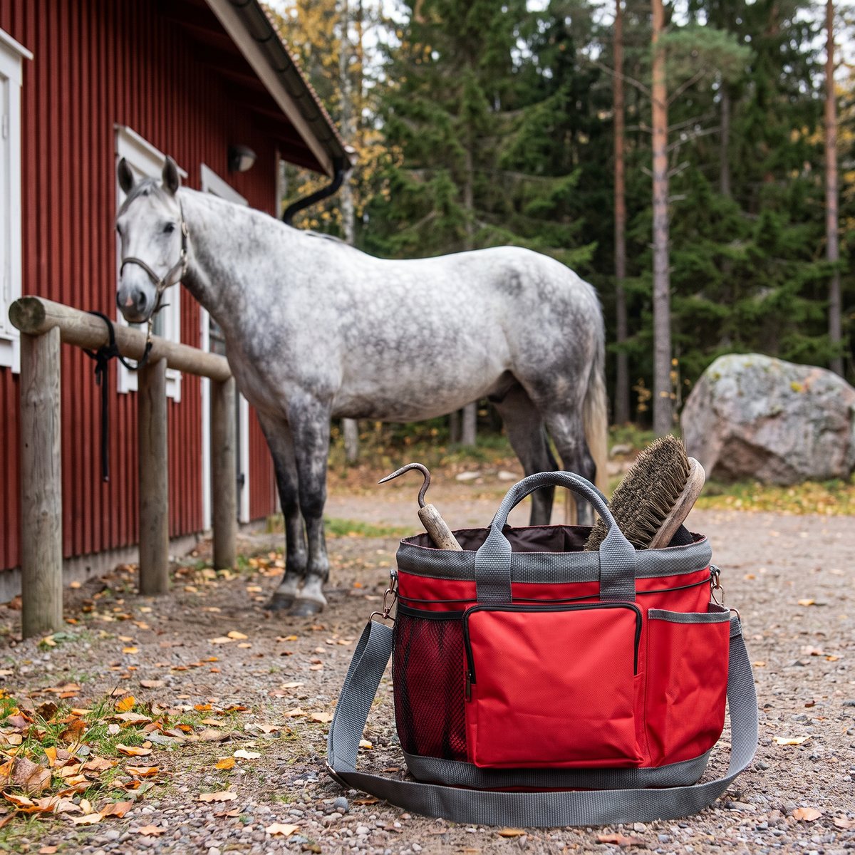 Röd ryktväska med grå handtag bredvid en häst utanför ett svenskt stall på hösten