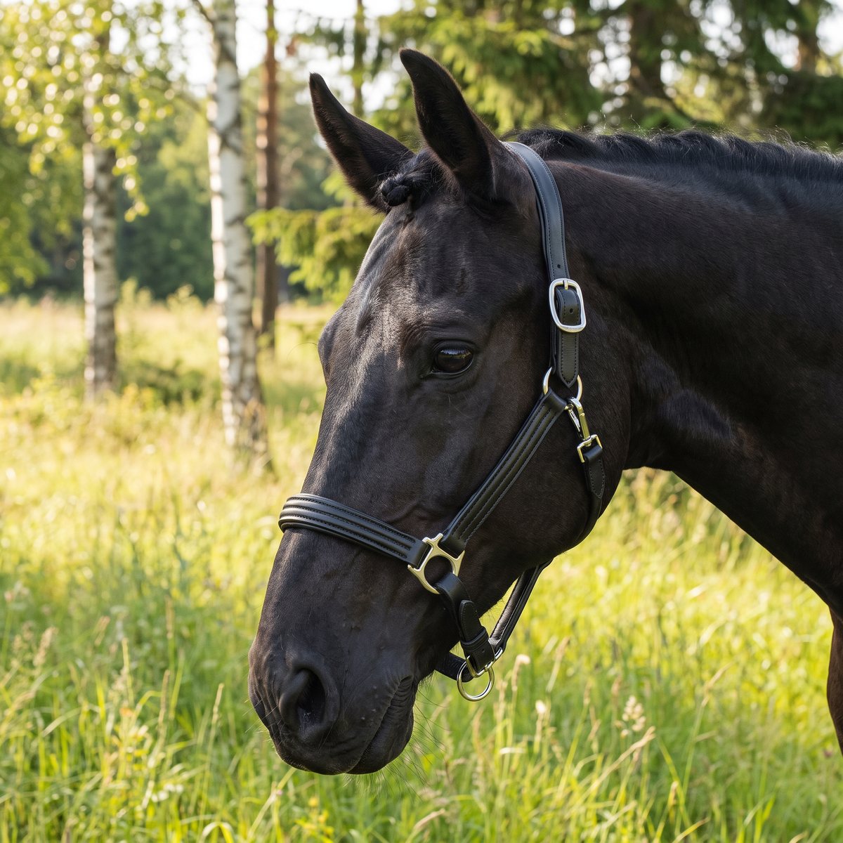 Svart lädergrimma med silverfärgade beslag på en svart häst i svensk hage med björkar