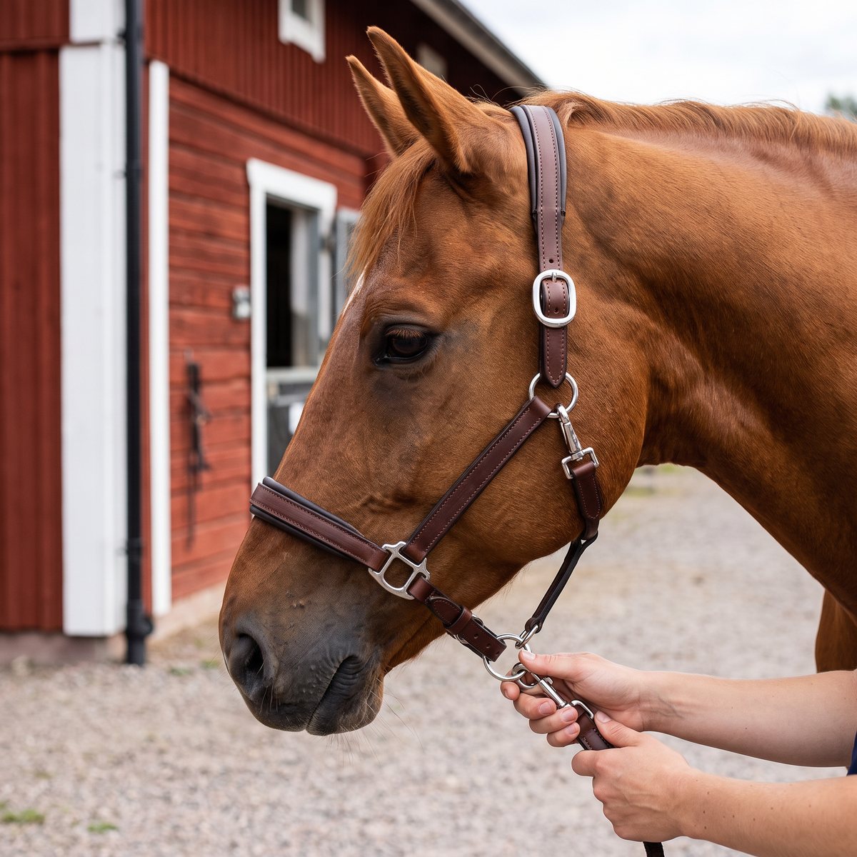 Brun lädergrimma med vadderad nosgrimma på en fux utanför en rödmålad svensk stallbyggnad