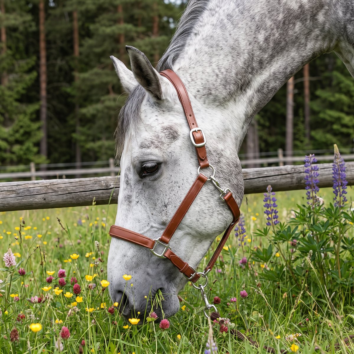 Konjaksbrun lädergrimma med silverfärgade beslag på en betande skimmel i svensk blomsteräng