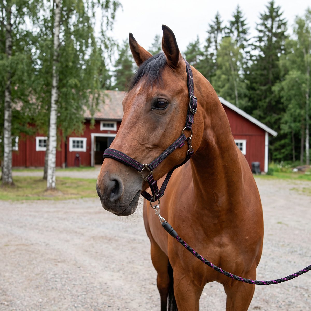 Brun häst med svart grimma med fuchsiarosa sömmar på grusplan framför röd ladugård och björkar
