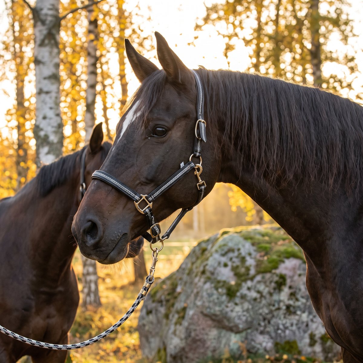 Mörkbrun häst med svart grimma med ljusa revärdar i svensk höstskog med björkar och granitblock