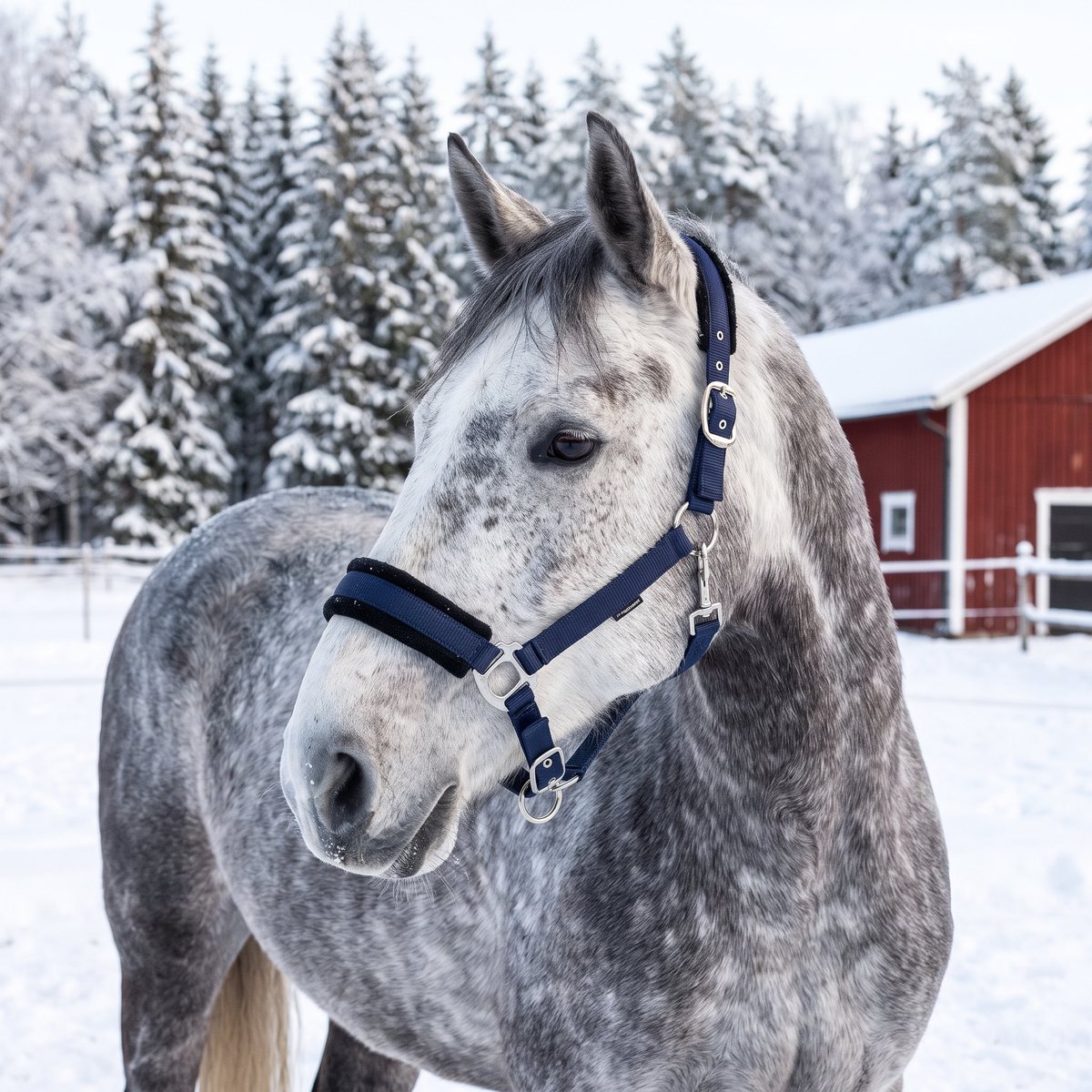 Gråskimmel i marinblå vadderad grimma på en snöig hage med gran och röd stallbyggnad