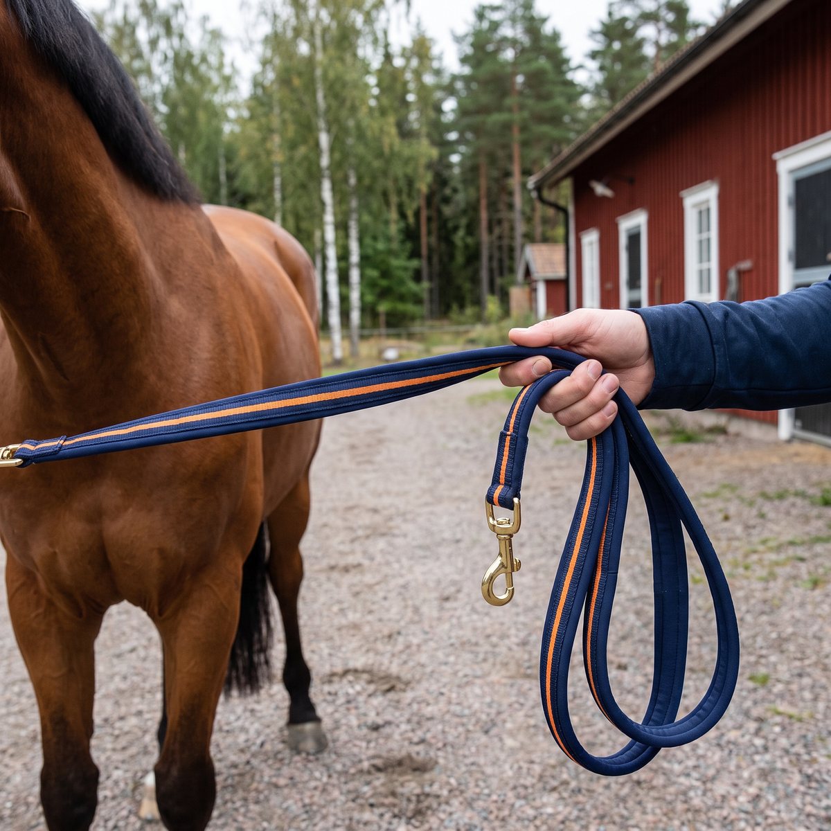 Marinblått vadderat grimskaft med orange rand och mässingskarbin hålls av en hand vid en häst utanför en röd svensk stall