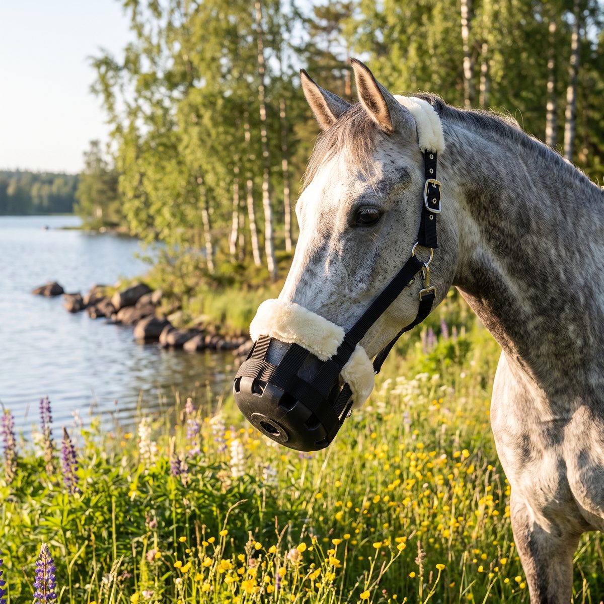Gråskimmel med svart betesmask med fårskinnskant som betar på en blomsteräng vid en svensk insjö