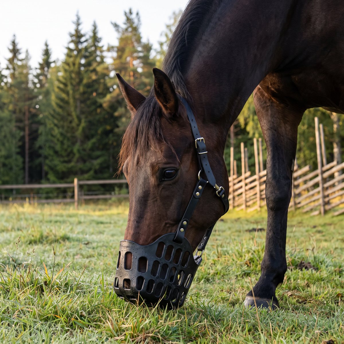 Mörkbrun häst med svart betesmask i hård plast som betar på en daggig hage vid granskog och trästaket