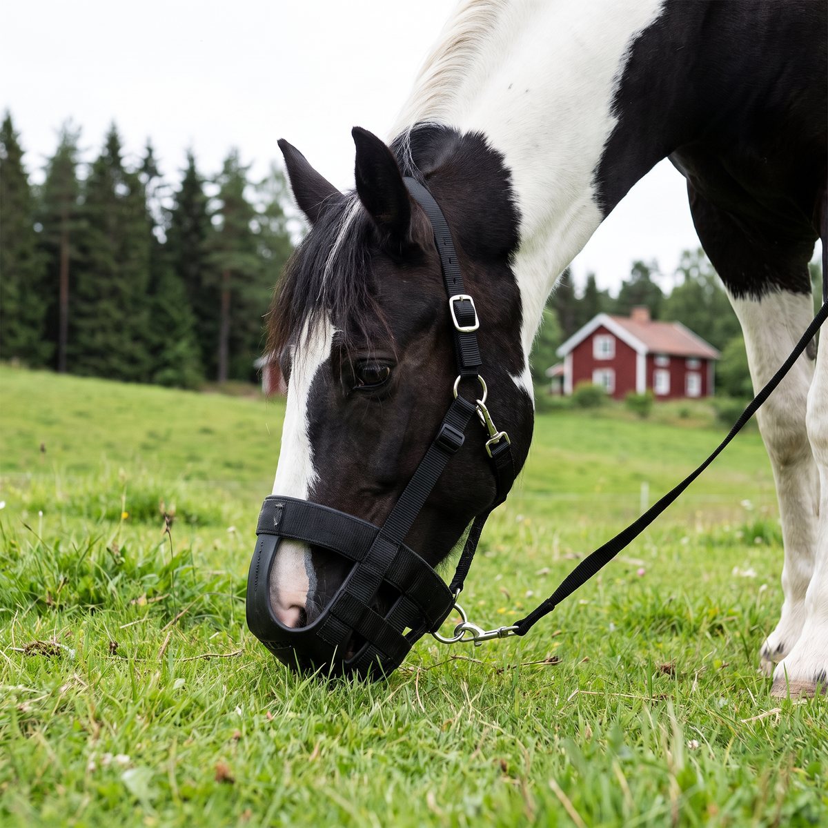 Svartvit häst med svart betesmask som betar på en grön sluttning med rött torp och tallar